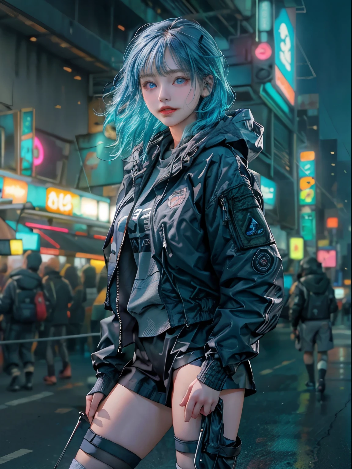 (RAW photo, best quality, high quality, highres), (realistic, photo-realistic), ultra-detailed, (front lighting), physically-based rendering, real life, blur background, 1girl, 20 years old, (((looking at viewer))), (highly detailed skin:1.3), (cute smile with dimple, cleft chin), head tilt, (blue hair), (blue eyes), very very long longest hoodie, (tactical cyberpunk jacket, blue and white jacket:1.2, black short cargo pants), white sport shoe, black thighhighs, detailed eyes, air bangs, sunset, futuristic cyberpunk city, (neon lights), standing pose, NSFW