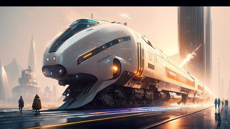futuristic train on rails with people, walking along the side of the road, Mike Winkelmann, future locomotive style, wojtek fus, [ trending on CGsociety ]!!, Mike "beeple" Winkelmann, by beeple, andreas rocha style, by Raymond Han, bastien grivet, beeple. hyper realisitc