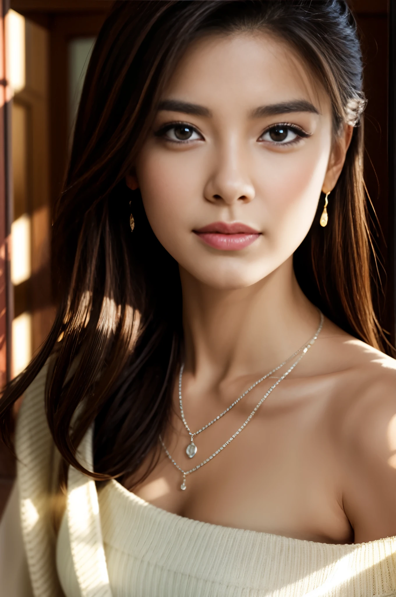 (Photoreal Stick:1.5, masutepiece:1.5, 8K), (top-quality, masterpiece, 超A high resolution), ((fog the lens:1.5)), ((reflect light onto the lens:1.5)), ((Shoot with blur:1.5)), (The woman looks hazy because of the bright light.:1.5, The whole thing looks white and hazy:1.5), (sunrises, Sunlight coming in from behind:1.5, The sunlight of the morning sun spreads across the screen:1.5), (Face Sharp Focus:1.4), Professional camera work:1.3, Highly detailed skin and facial texture:1.3, Grow Light Effect, The ultra-detailliert:1.3, 1girl in, Fair skin, (Sense of clarity:1.5), a small face, Extremely beautiful face:1.4, (Sense of clarityを感じる目:0.9, looking distantly, Enraptured look:1.0, i love you completely:0.8, Slightly open mouth:0.4, Sense of clarityを感じる口当たり:0.7), 二重まぶた, Dark brown medium hair, necklace and earrings, looking at viewert
