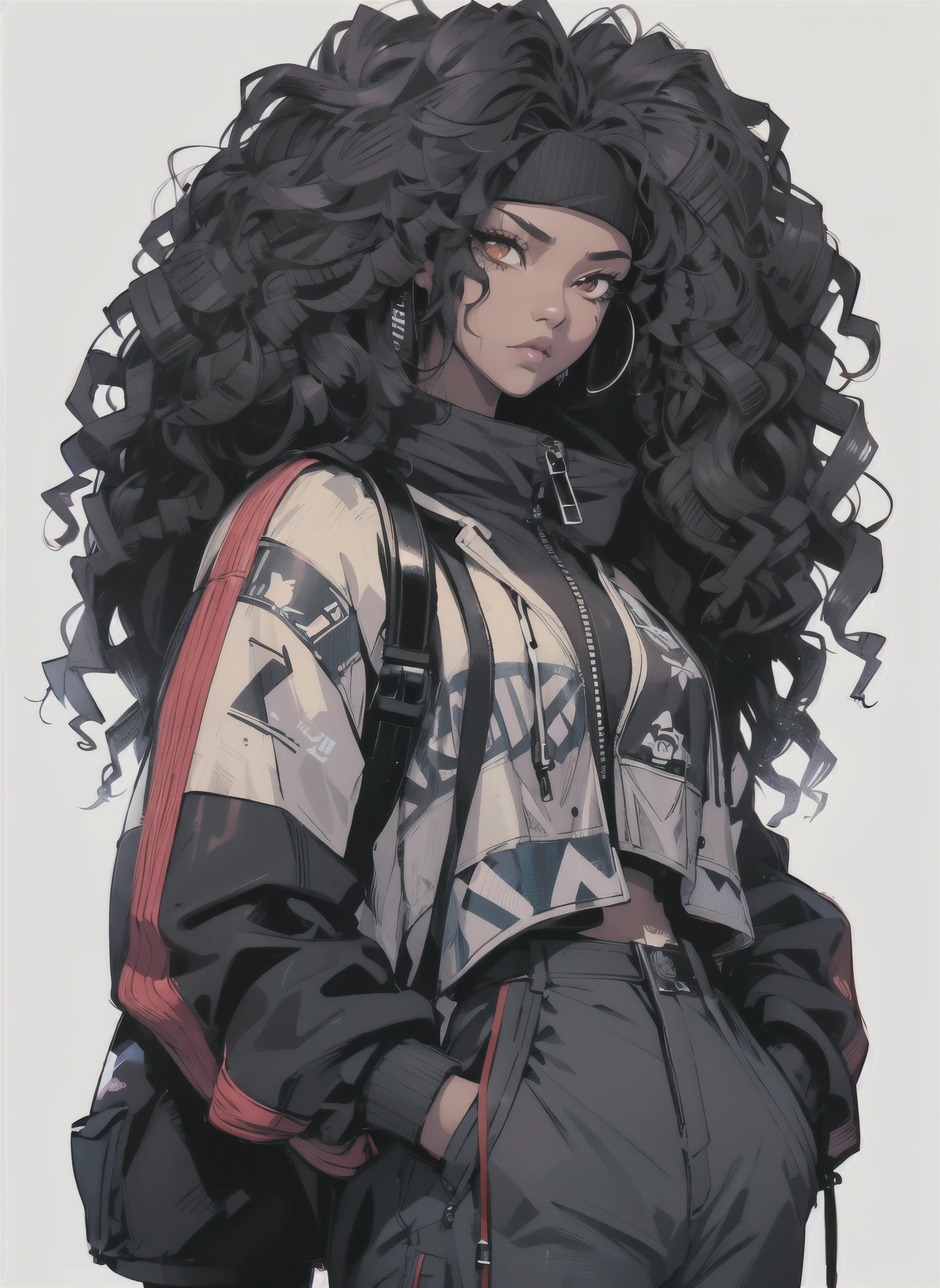 a woman with long black hair wearing a jacket and pants, African American skin, girl fanart, she is wearing streetwear, detailed anime character art, highly detailed character design, in style of digital illustration, anime style character, high quality character design, anime style illustration, cyberpunk anime girl in hoodie, black long curly hair, rossdraws | afrofuturism