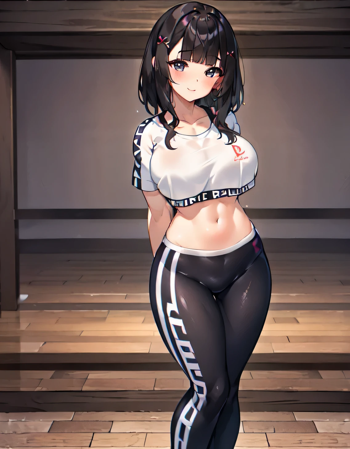 (Large breasts:1.5),Looking at Viewer,((masutepiece)),((Best Quality)),Perfect Anatomy,8K UHD,extra detailed face,gloss and shiny,((1girl in )),((Solo)),(Beautiful detailed eyes:1.2),image perfect,arms behind back,Slim waist,Shiny hair,Black hair,(Blunt bangs:1.1),Medium Hair,Smile,Indoors,gym,Standing,