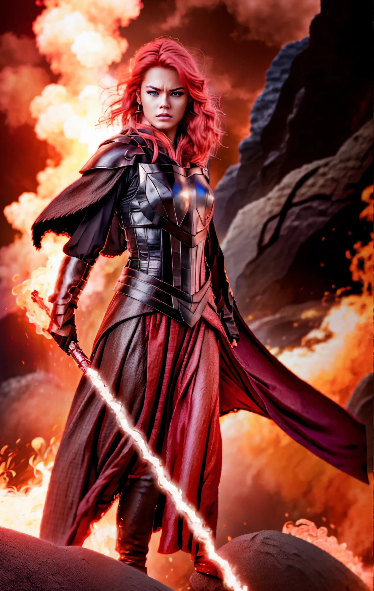 angry woman dressed in a sthoutfit,on lava,blond hair,RAW photo, 8k uhd, dslr, soft lighting, high quality, film grain, Fujifilm XT3,8k HD high definition detailed realistic, hyper detailed,higly detailed face,higly detailed hands