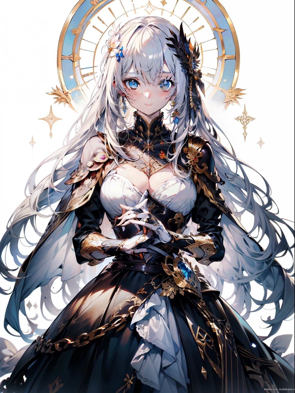 Official art, ヨーロッパのmasterpiece女性,, pale silver hair , azure eyes, (masterpiece、top-quality、hight resolution: 1.4),in 8K, Anime Art Nouveau, highly detailed exquisite fanart, anime fantasy illustration, clean detailed anime art, detailed anime art, sharp focus of a person, Delicate Beautiful Hair and Eyes and Face, realisitic, ultra-detailliert, Flower Garden,((Delicate, delicate and cute hands)),((elegant shiny dress)),((Lots of races)),((lots of ruffles)),((lots of ribbons))
