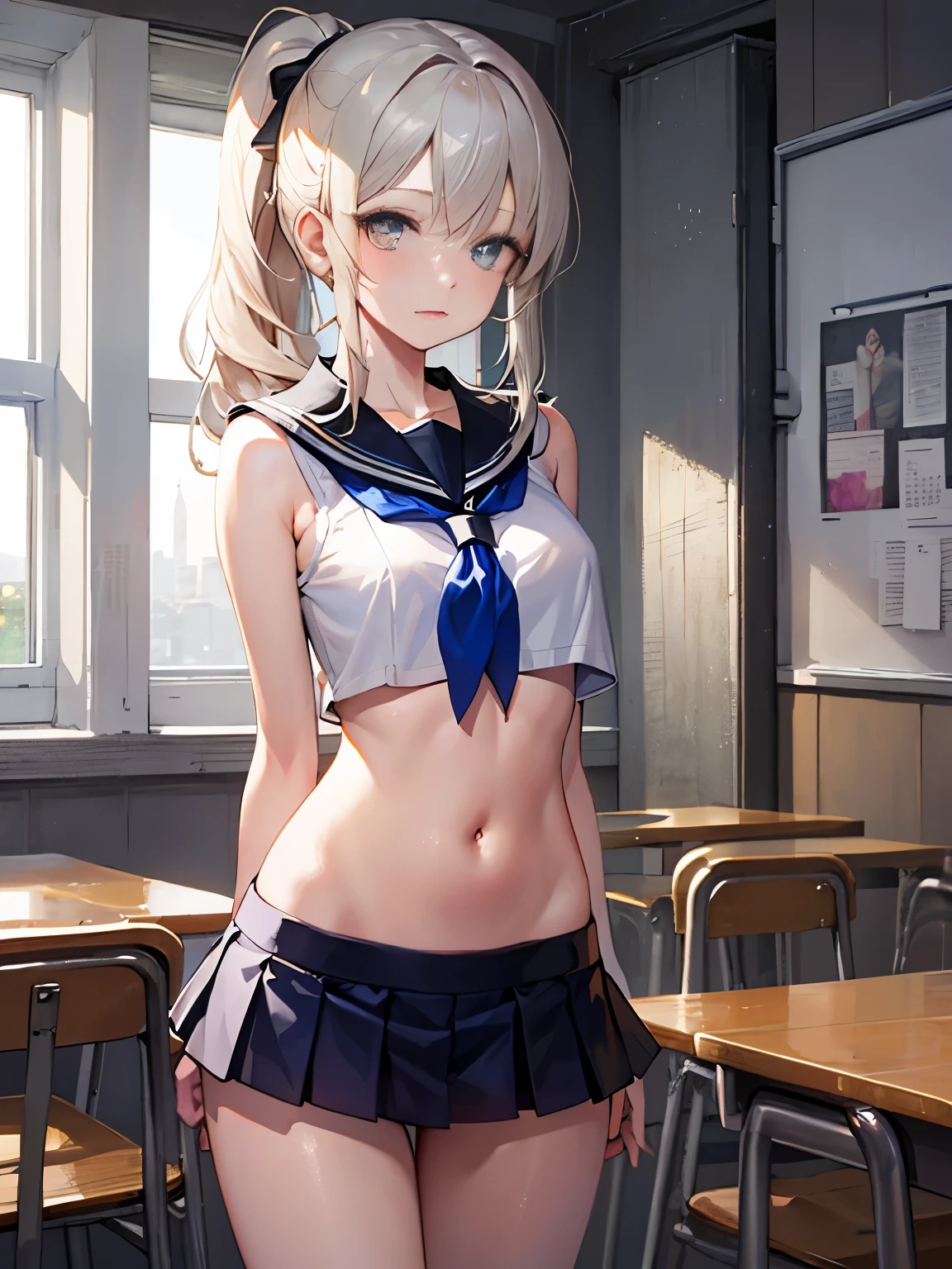 top-quality、realistic touch,high-detail、photoRealstic、thin-waist、captive beauty、big eye、solid platinum-blonde eyelashes、platinum-blonde、full body Esbian、Sparkling eyes, cheeks flushed、thin-waist、In the classroom of the school、She is in estrus、a sailor suit、cocky expression、Super short skirt with V-line visible、Sleeveless、 female child、too thin body、Navel look、small tits、Ponytail hair style、a sailor suit that is extremely short in length、Black thigh socks