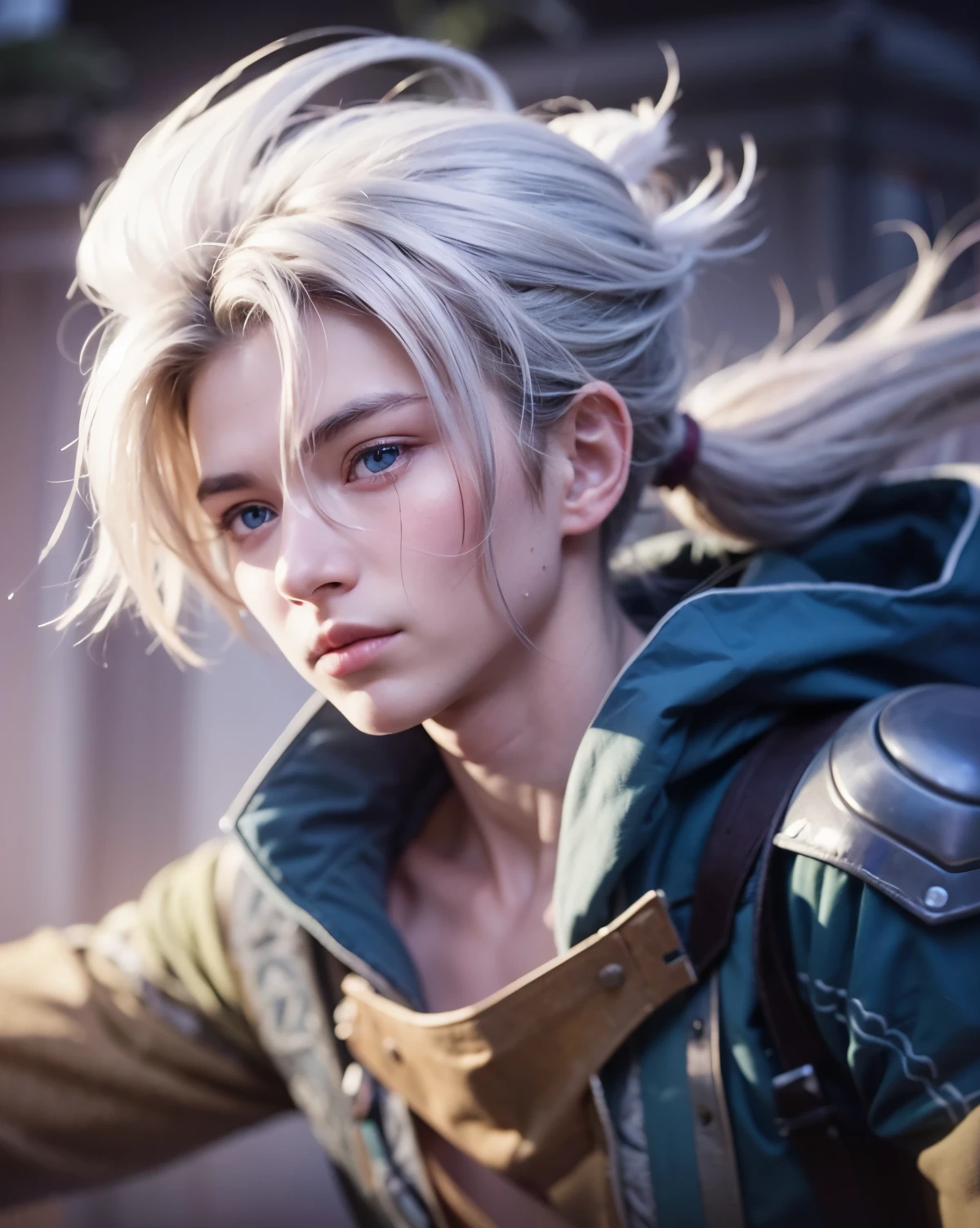a boy with long hair tied up and a face with an shaped scar in front of his blue eyes