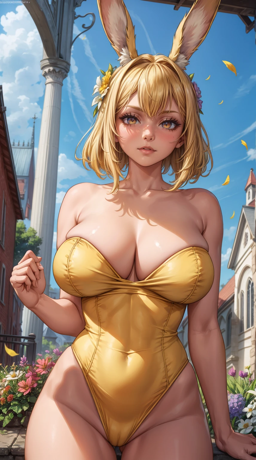 1girl, (yellow strapless leotard), bare shoulders, bare armishnets), (gigantic breasts), (cleavage), upper body, rabbit ears, standinasterpiece, high quality, best quality), (colorful),(delicate eyes and face), volumatic light, ray tracing, bust shot ,extremely detailed CG unity 8k wallpaper,solo((flying petal)),(Flowery meadow) sky, blue sky, sunny, light, fantasy, windy, magic sparks, outdoors,((church)), flowers,
