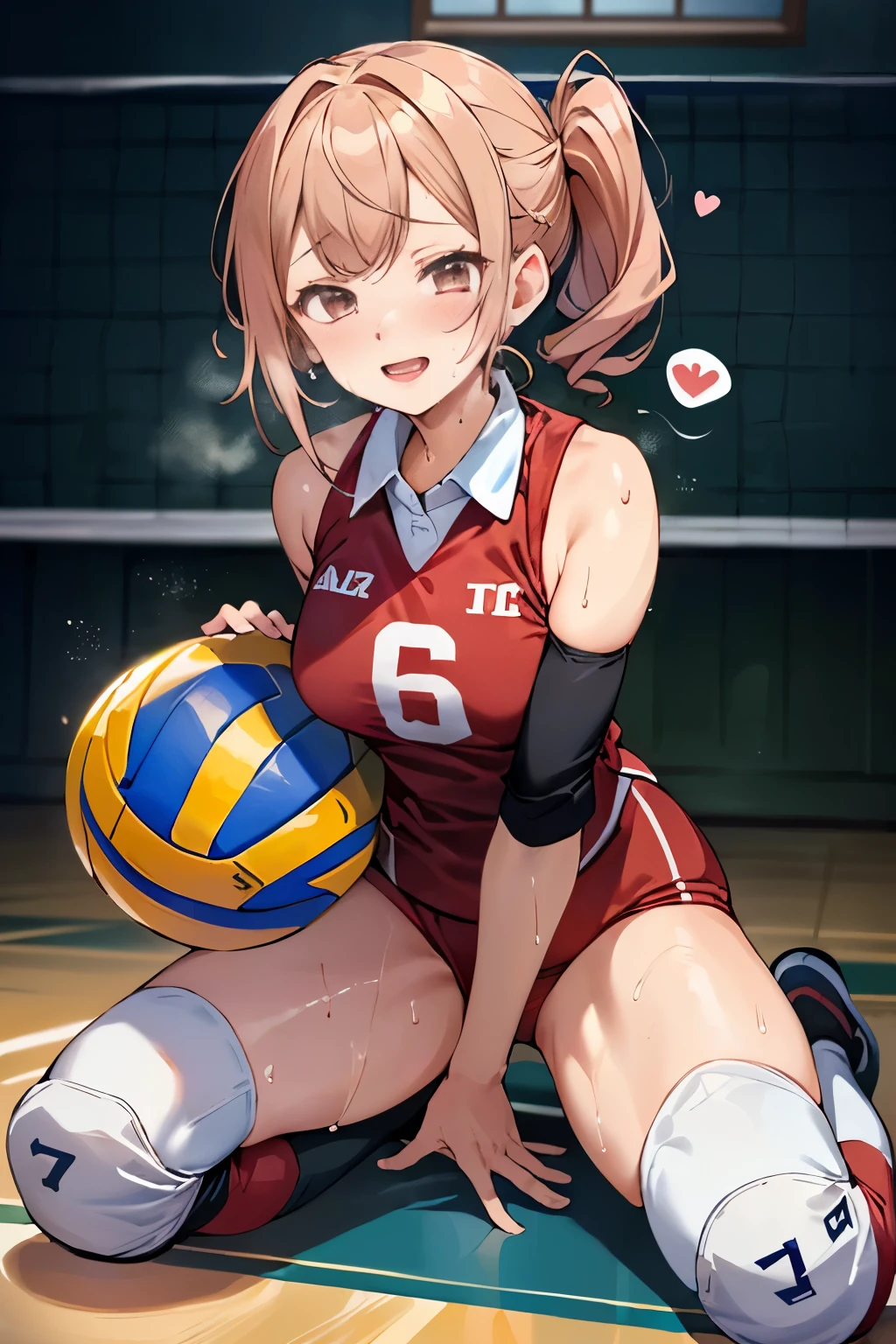 unity 8k wallpaper, anatomically correct, (((masterpiece))), (((best quality))), (((ultra detailed))), (((high-resolution))), ((super fine illustration)), ((Ultimate cutie)), ((perfect hands)), ((perfect finger)), (((good anatomy))), detailed beautiful face, shiny hair, (((gyaru))), (potbelly), (curvy), medium breasts, ((Thick thighs)), (((solo))), ((seductive smile)), (((blush))), (half open mouth),
BREAK, (((sit astride the spherical shape 6-inch volleyball))), (((straddling on the spherical shape 6-inch volleyball))), (((Put crotch right the spherical shape 6-inch volleyball))),
BREAK, (((Rub the spherical shape 6-inch volleyball against crotch)))),
BREAK, (Collared volleyball uniforms), sleeveless, ((buruma)), ((kneepad)), (elbow pad), (((sweat))), (((covered in sweat))), ((deep breathing)), in Volleyball Court, indoor, lighting, looking at viewer, full body, (spoken heart)