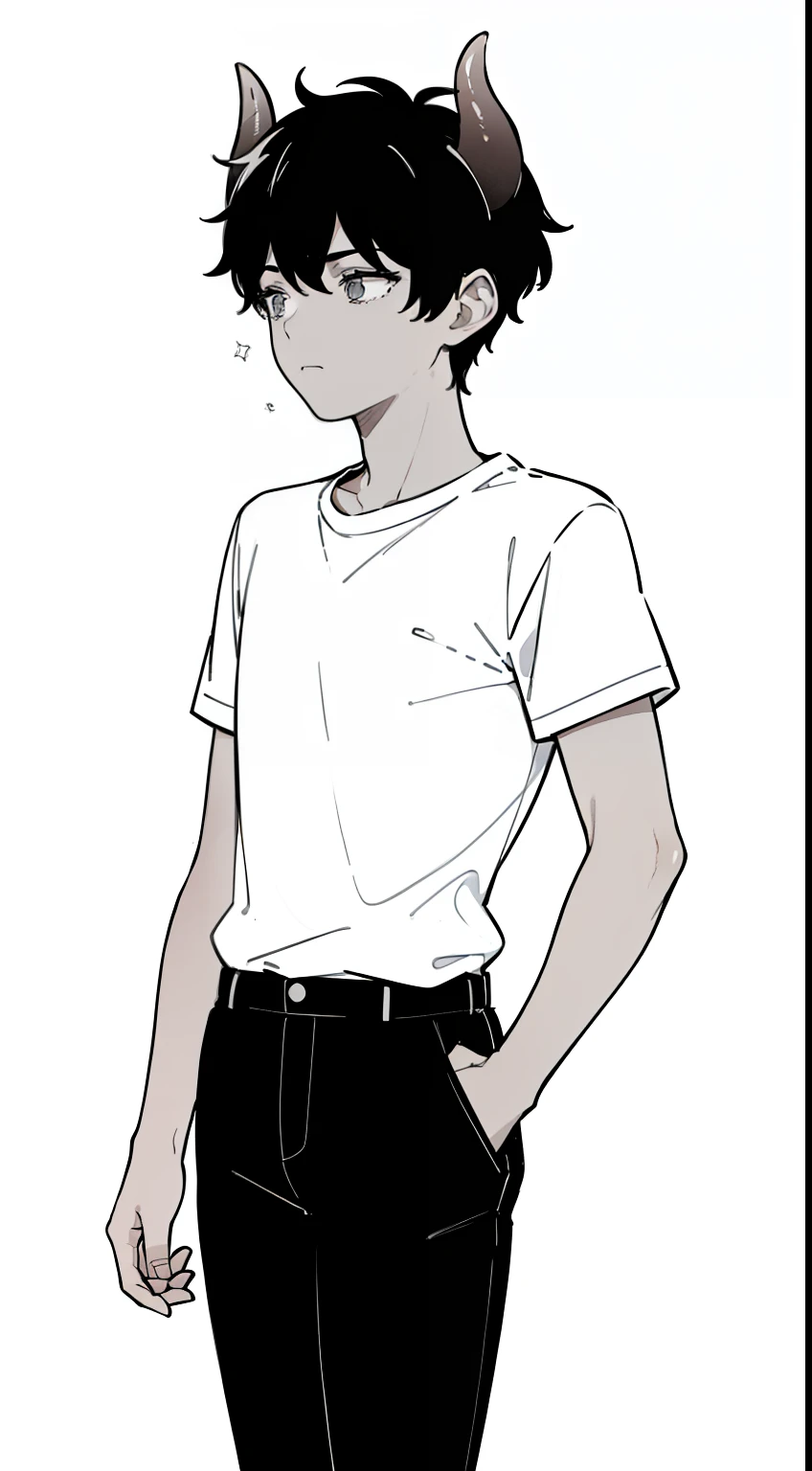 ((1boy,)),solo,brown hair,shorthair,wolf ears,whiteshirt,sleeveless,black shorts,cowboy shot,(white background,line drawing),lying down,serious,open mouth