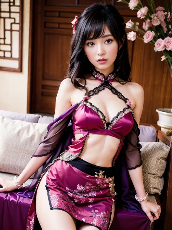 Masterpiece, 1 Girl, Beautiful Face A Chinese-inspired dress featuring lace elements at the neckline and cuffs, a traditional moire pattern, details including pleats, embroidery and beads. The fabric is silk and crepe, knee-length or long, with bows or flowers at the waist or neckline