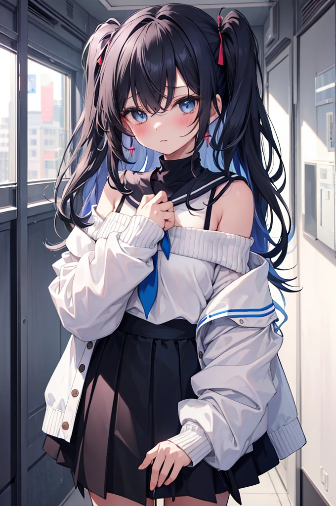 best quality, ultra precision, 1girl, cute, little girl, young, boyish, childish, black hair, messy hair, blue A little long hair eyes, beautiful eyes, girl, ecstasy, sailor collar, estrus, metestrus, start to undress, naughty mood, she loves you, lost virgin, virgin, blush, sexy, beautiful skin, big bow on chest, BLUE SWEATER, WHITE SHIRT, SHIRT UNDER SWEATER, OFF SHOULDER TOP) TSUNDERE 18 YEARS old, Short black skirt, up Hands masterpiece