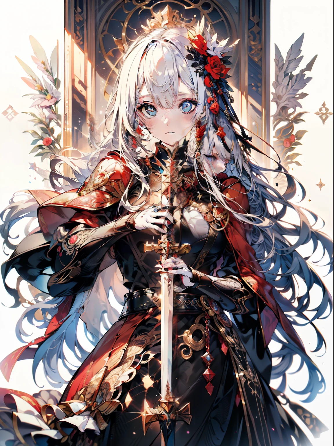 Official art, ヨーロッパのmasterpiece女性,, pale silver hair , azure eyes, (masterpiece、top-quality、hight resolution: 1.4),in 8K, Anime Art Nouveau, highly detailed exquisite fanart, anime fantasy illustration, clean detailed anime art, detailed anime art, sharp focus of a person, Delicate Beautiful Hair and Eyes and Face, realisitic, ultra-detailliert, Flower Garden,((Delicate, delicate and cute hands)),((elegant shiny dress)),((Lots of races)),((lots of ruffles)),((lots of ribbons)),In the majestic throne room