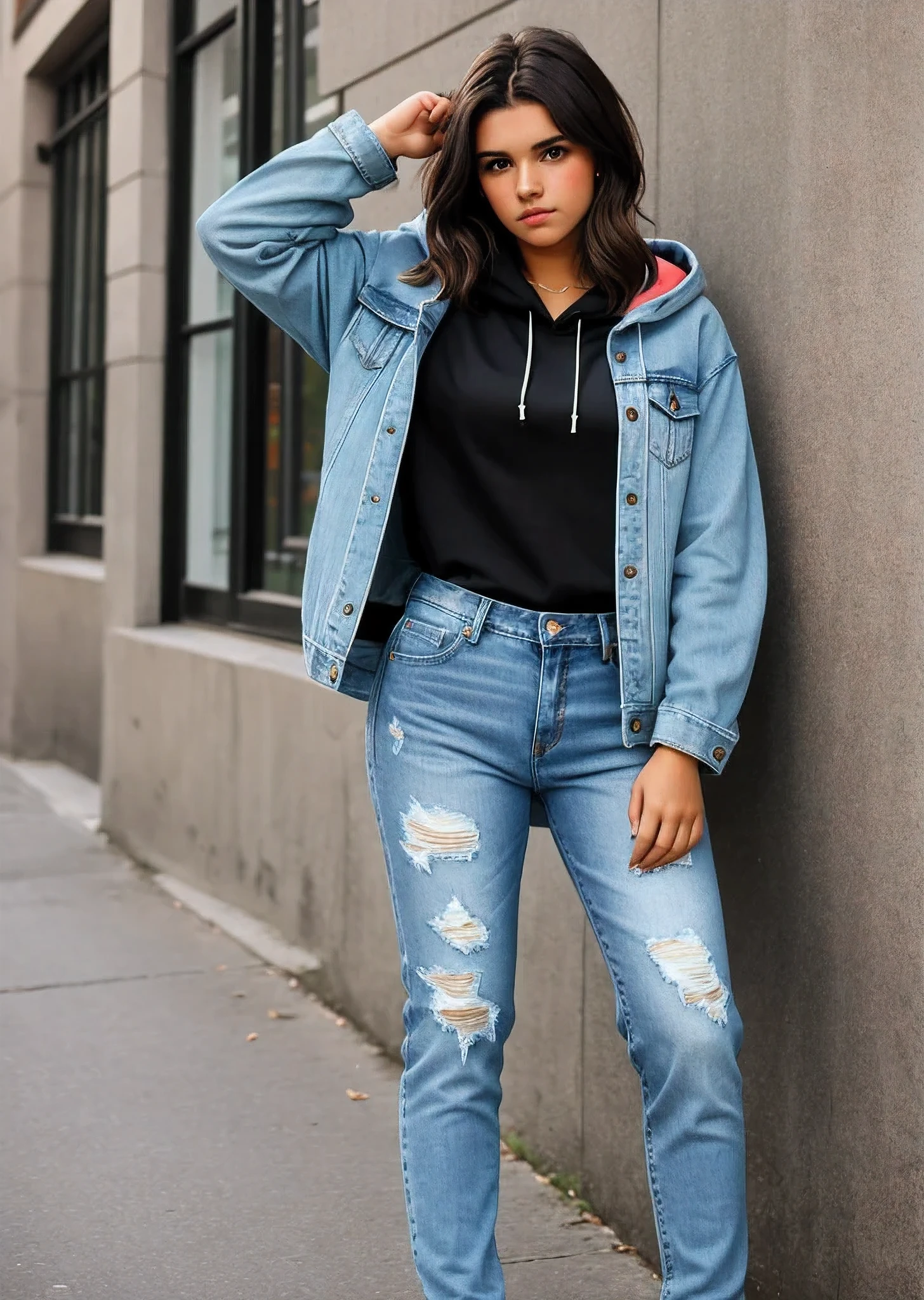 3D average looking 18 year old woman, wearing basic worn and battered jeans with a hoodie, worried look, medium brunette messy hair