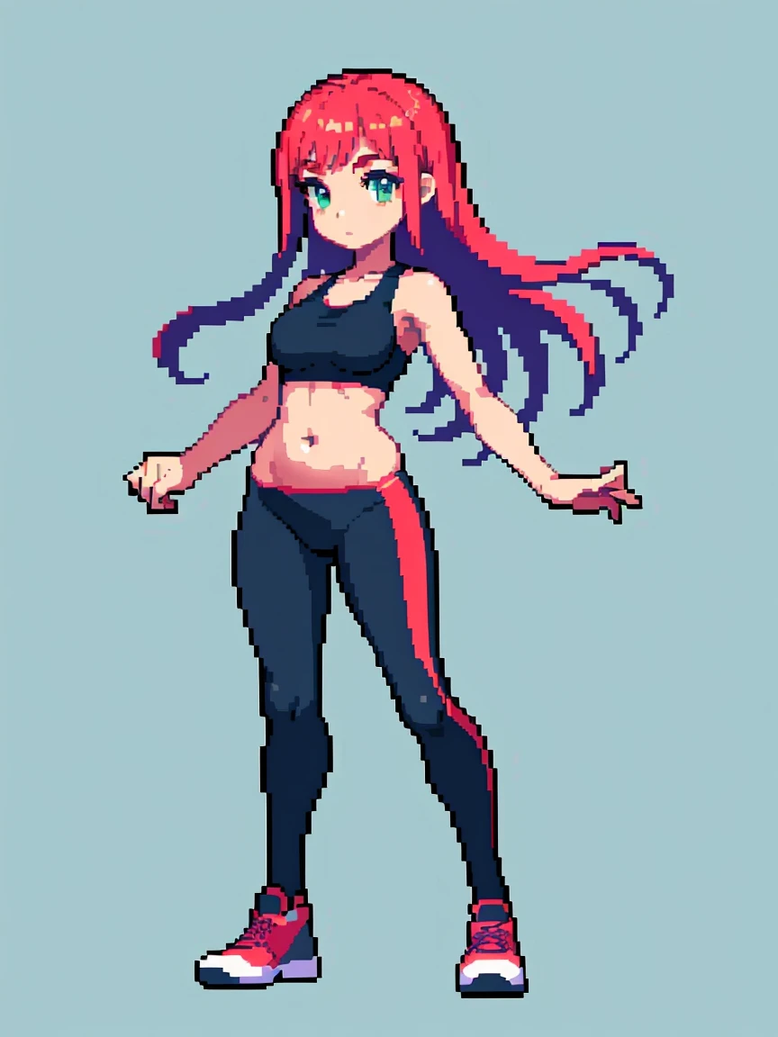 (masterpiece, top quality, best quality, less detail, 8-bit color), pixel,pixel art,1girl, fullbody, smack studio, separate body for edit, (fat), (sports bra), (small breasts), (yoga pants), (navel), (midriff), (bare shoulders), (shoes)