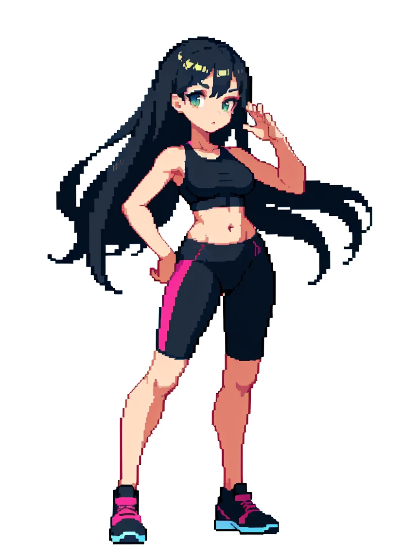 (masterpiece, top quality, best quality, less detail, 8-bit color), pixel,pixel art,1girl, fullbody, smack studio, separate body for edit, (fat), (sports bra), (small breasts), (yoga pants), (navel), (midriff), (bare shoulders), (shoes)
