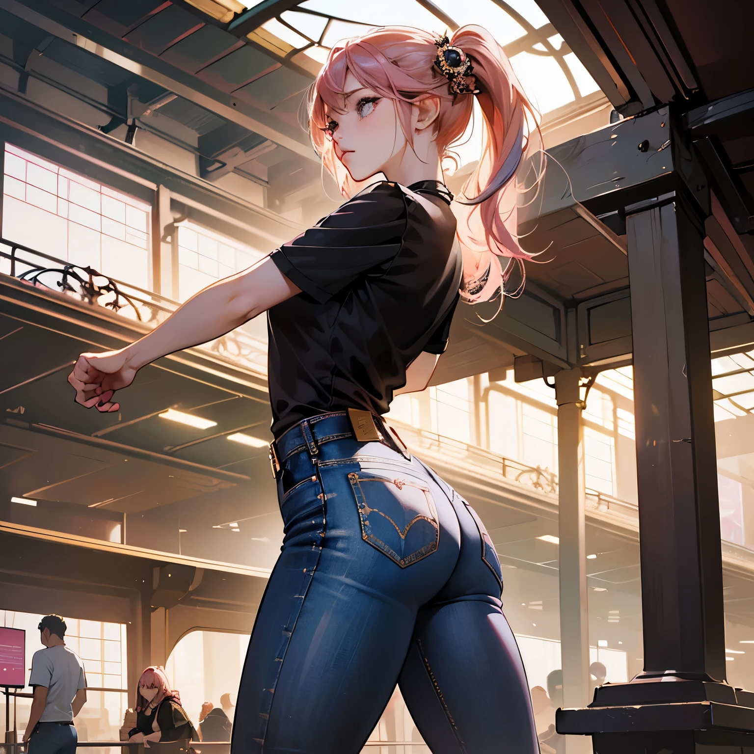 (masterpiece), (best quality), (Highres), Detailed, (Inricate Details 1.2), (Hyper Detailed 1.4), (Ornate Digital Art 1.2), absurdres, 1girl, small breasts, ass, hair ornaments, solo, pink hair, (black shirt:1.3), jeans, (train station:1.2) running, thighs, shortstack,