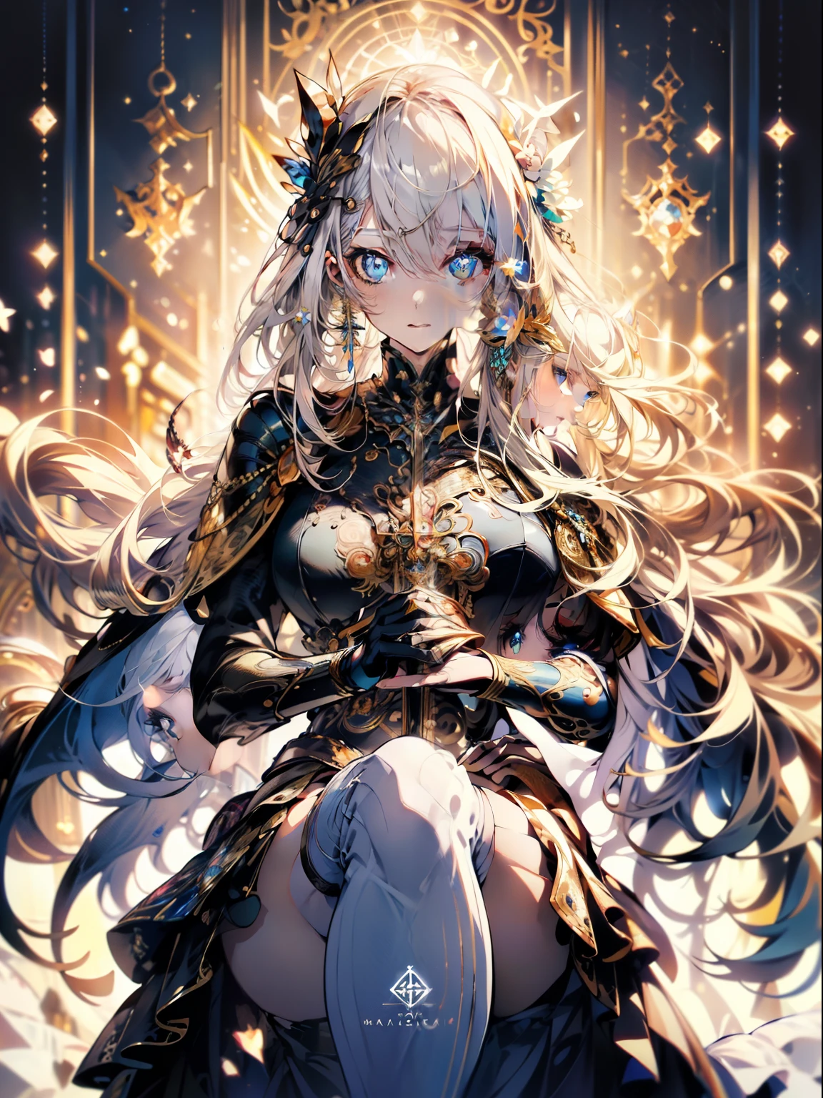 Official art, ヨーロッパのmasterpiece女性,, pale silver hair , azure eyes, (masterpiece、top-quality、hight resolution: 1.4),in 8K, Anime Art Nouveau, highly detailed exquisite fanart, anime fantasy illustration, clean detailed anime art, detailed anime art, sharp focus of a person, Delicate Beautiful Hair and Eyes and Face, realisitic, ultra-detailliert, Flower Garden,((Delicate, delicate and cute hands)),((elegant shiny dress)),((Lots of races)),((lots of ruffles)),((lots of ribbons)),In the majestic throne room