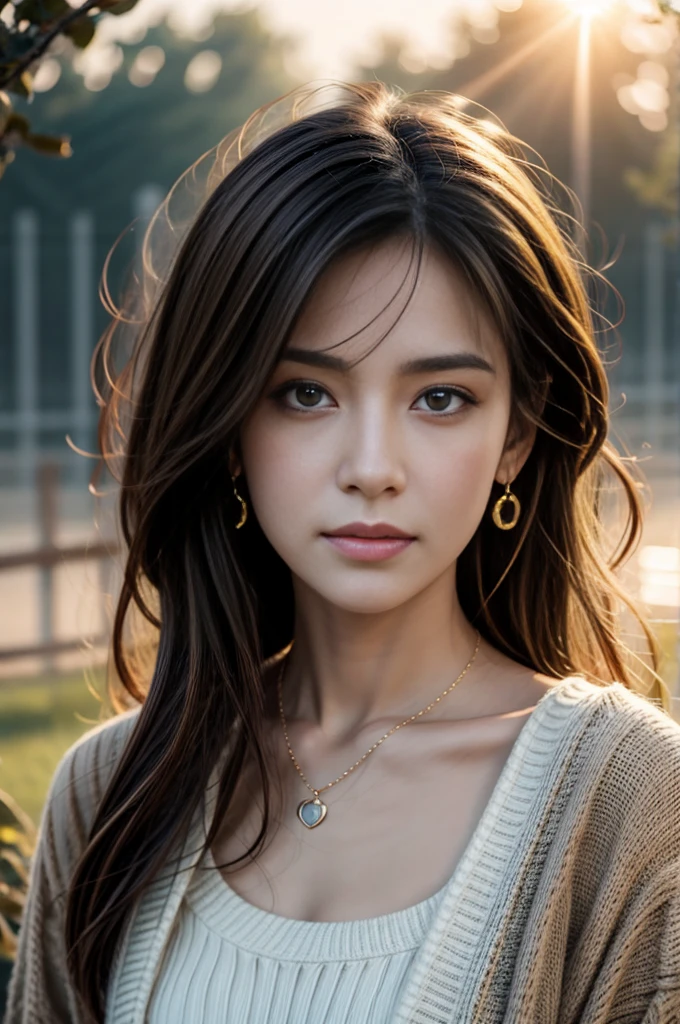 (Photoreal Stick:1.5, masutepiece:1.5, 8K), (top-quality, masterpiece, 超A high resolution), ((fog the lens:1.5)), ((reflect light onto the lens:1.5)), ((Shoot with blur:1.5)), (The woman looks hazy because of the bright light.:1.5, The whole thing looks white and hazy:1.5), (sunrises, Sunlight coming in from behind:1.5, The sunlight of the morning sun spreads across the screen:1.5), Face Sharp Focus:1.3, Professional camera work:1.3, Highly detailed skin and facial texture:1.3, Grow Light Effect, The ultra-detailliert:1.3, 1girl in, Fair skin, (Sense of clarity:1.5), a small face, Extremely beautiful face:1.5, (Sense of clarityを感じる目:0.9, looking distantly, Enraptured look:1.0, i love you completely:0.8, Slightly open mouth:0.4, Sense of clarityを感じる口当たり:0.7), 二重まぶた, Dark brown medium hair, necklace and earrings, looking at viewert
