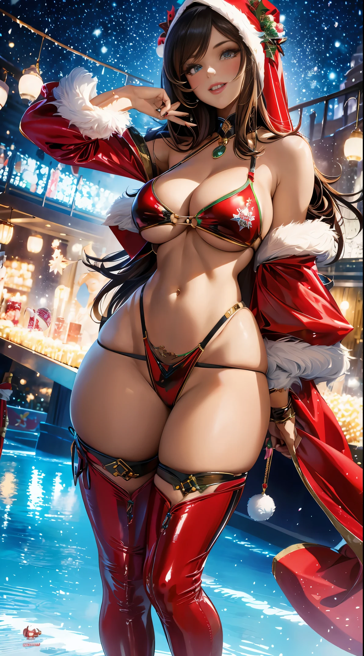 (best quality,4k,highres,masterpiece:1.2),ultra-detailed,(realistic:1.37),(beautiful,sexy:1.1),A hot hijab girl with mesmerizing eyes, wearing a glossy PVC red bikini that accentuates her curves, Christmas theme bikini, adorned with a white fur accessory. She is joyfully celebrating Christmas, surrounded by colorful lights and decorations. Her big and captivating smile radiates warmth and happiness. To complete her stunning appearance, she has long, luscious hair flowing gracefully down her shoulders. The atmosphere is filled with excitement and holiday cheer. The vibrant colors of the scene create a magical and enchanting ambiance. The lighting accentuates the girl's beauty, casting soft shadows that enhance her alluring features. The attention to detail in the artwork is exceptional, capturing every intricate aspect of the girl's physique and outfit. The artwork showcases the perfect balance of realism and artistic interpretation, creating a visually stunning masterpiece.