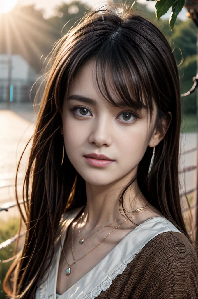 (Photoreal Stick:1.5, masutepiece:1.5, 8K), (top-quality, masterpiece, 超A high resolution), ((fog the lens:1.5)), ((reflect light onto the lens:1.5)), ((Shoot with blur:1.5)), (The woman looks hazy because of the bright light.:1.5, The whole thing looks white and hazy:1.5), (sunrises, Sunlight coming in from behind:1.5, The sunlight of the morning sun spreads across the screen:1.5), Face Sharp Focus:1.3, Professional camera work:1.3, Highly detailed skin and facial texture:1.3, Grow Light Effect, The ultra-detailliert:1.3, 1girl in, Fair skin, (Sense of clarity:1.5), (a small face, Extremely beautiful face:1.5), (Sense of clarityを感じる目:0.9, looking distantly, Enraptured look:1.0, i love you completely:0.8, Slightly open mouth:0.4, Sense of clarityを感じる口当たり:0.7), 二重まぶた, Dark brown medium hair, necklace and earrings, looking at viewert