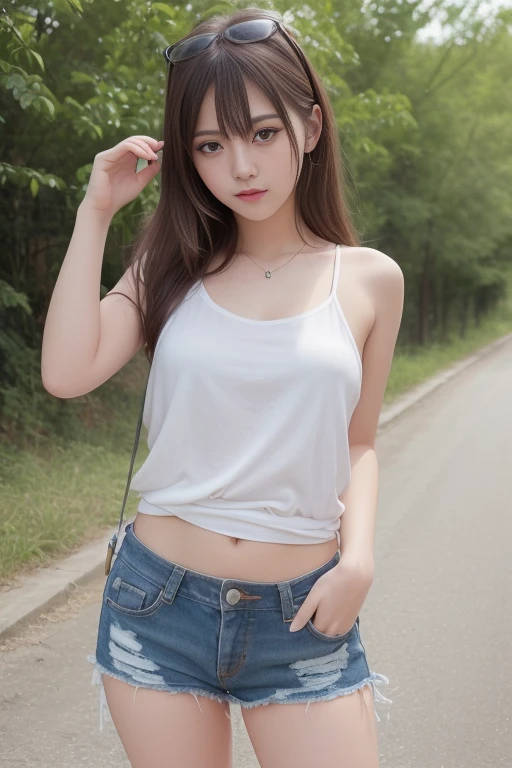 araffe asian woman in a white top and denim shorts posing for a picture, realistic young gravure idol, anime girl in real life, attractive anime girl, young skinny gravure idol, seductive anime girl, young pretty gravure idol, young gravure idol, trending at cgstation, in white clothes, young sensual gravure idol, hot with shining sun