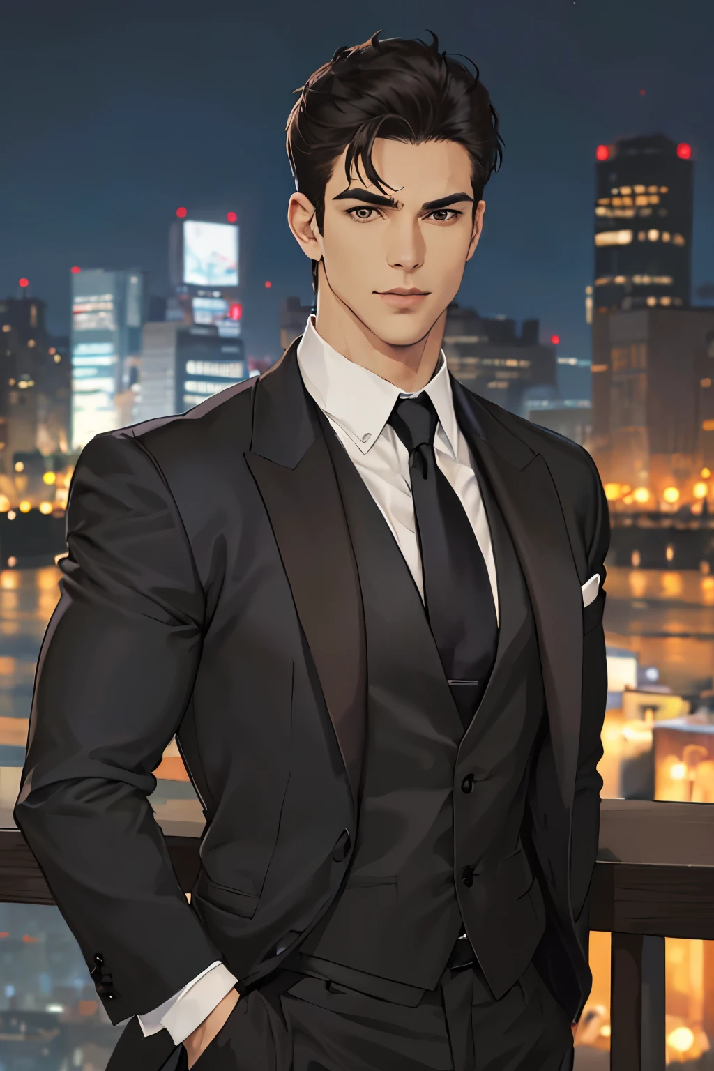 (absurdres, highres, ultra detailed, realistic, ), 1 male, solo, , mature, tall muscular guy, broad shoulders, handsome, very short hair, black hair, brown eyes, angular jaw, thick neck, thick eyebrows, night, dark, the night view of the city background, formal suit, necktie, upper body