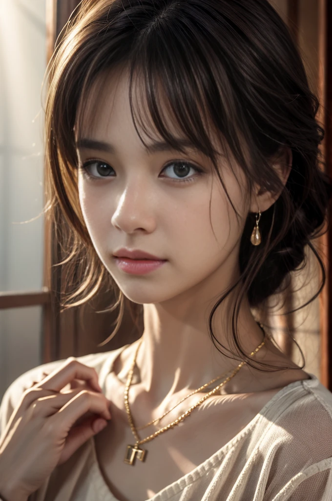 (Photoreal Stick:1.5, masutepiece:1.5, 8K), (top-quality, ​masterpiece, 超A high resolution), ((fog the lens:1.5)), ((reflect light onto the lens:1.5)), ((Shoot with blur:1.5)), (The woman looks hazy because of the bright light.:1.5, The whole thing looks white and hazy:1.5), (sunrises, Sunlight coming in from behind:1.5, The sunlight of the morning sun spreads across the screen:1.5), Face Sharp Focus:1.3, Professional camera work:1.3, Highly detailed skin and facial texture:1.3, Grow Light Effect, The ultra-detailliert:1.3, 1girl in, Fair skin, (Sense of clarity:1.5, a small face), Extremely beautiful face:1.5, (Sense of clarityを感じる目:0.9, looking distantly, Enraptured look:1.0, i love you completely:0.8, Slightly open mouth:0.4, Sense of clarityを感じる口当たり:0.7), 二重まぶた, Dark brown medium hair, necklace and earrings, looking at viewert