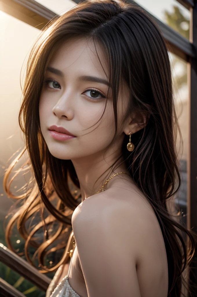 (Photoreal Stick:1.5, masutepiece:1.5, 8K), (top-quality, masterpiece, 超A high resolution), ((fog the lens:1.5)), ((reflect light onto the lens:1.5)), ((Shoot with blur:1.5)), (The woman looks hazy because of the bright light.:1.5, The whole thing looks white and hazy:1.5), (sunrises, Sunlight coming in from behind:1.5, The sunlight of the morning sun spreads across the screen:1.5), Face Sharp Focus:1.3, Professional camera work:1.3, Highly detailed skin and facial texture:1.3, Grow Light Effect, The ultra-detailliert:1.3, 1girl in, Fair skin, (Sense of clarity:1.5, a small face), Extremely beautiful face:1.5, (Sense of clarityを感じる目:0.9, looking distantly, Enraptured look:1.0, i love you completely:0.8, Slightly open mouth:0.4, Sense of clarityを感じる口当たり:0.7), 二重まぶた, Dark brown medium hair, necklace and earrings, looking at viewert