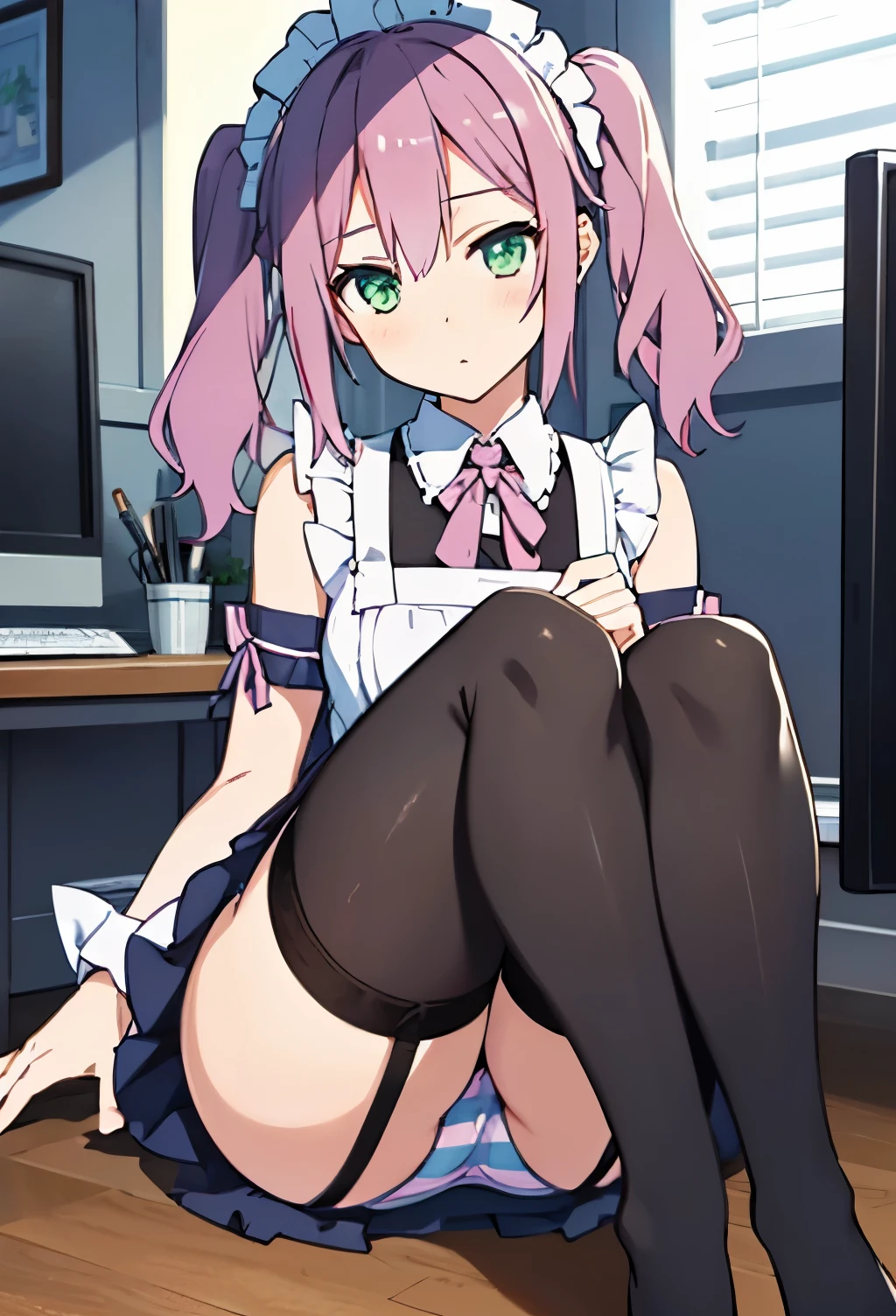Best Quality, (((Ultra Details))) , (masutepiece), Anime girl wearing a short skirt and white apron, Usami_masamune, official maid outfit、 (light pink thighhighs:1.2), maid, Green eyes, blush, Twin-tailed, (garter strap:1.3), (Striped Panties:1.4), there is a close up of a female's butt in Panties on this computer screen 1 girl, Underwear, Panties, righteous, (Absolute Area:1.3), (Super detailed Pantiesー:1.4)