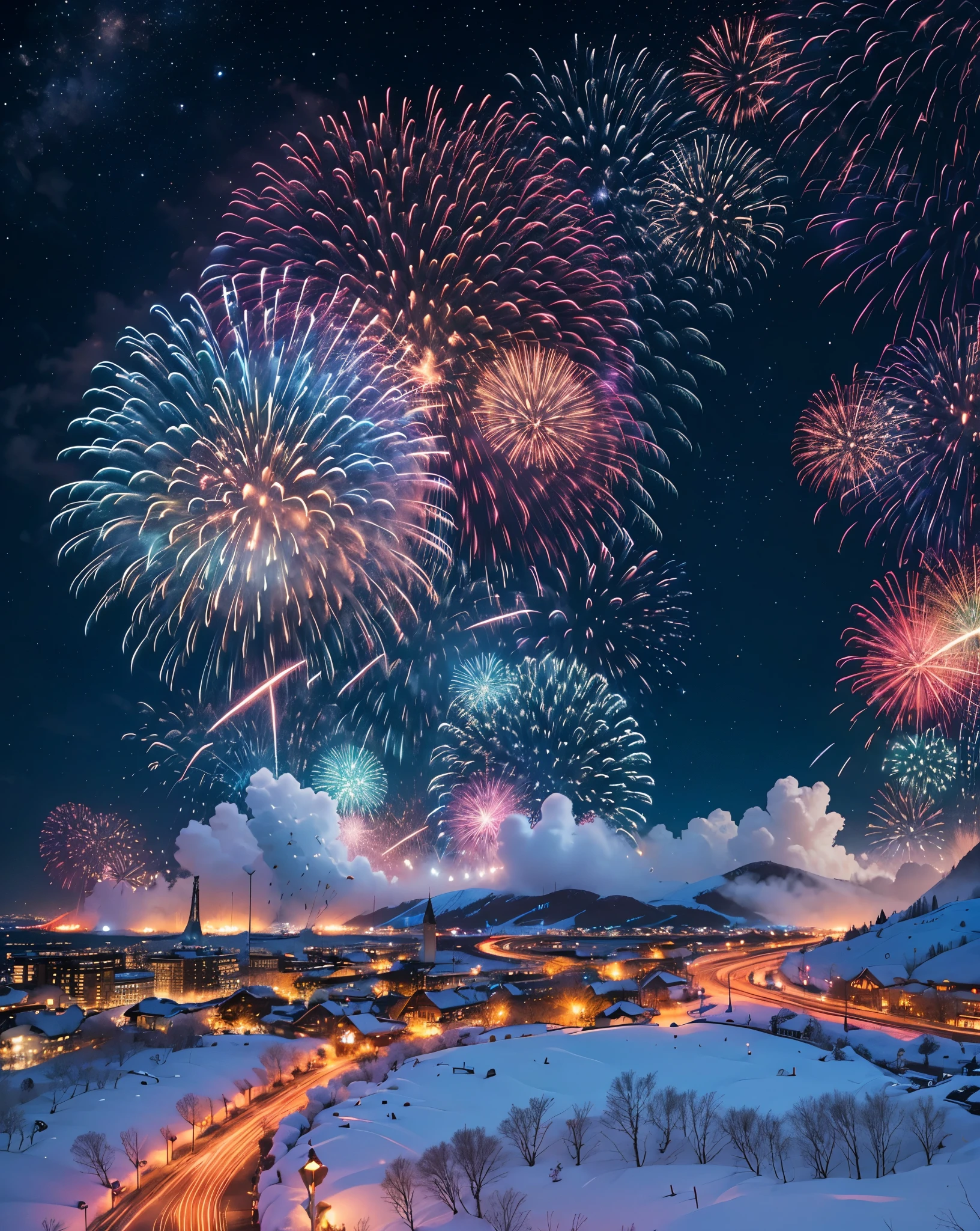 The night sky is deep blue and dotted with countless twinkling stars. A colorful fireworks display lights it up, and the glowing lines paint a spectacular picture over the city. "Happy New Year 2024" shines in vibrant colors in the sky, while the silhouettes of people below cheerfully welcome the new year. --auto --s2