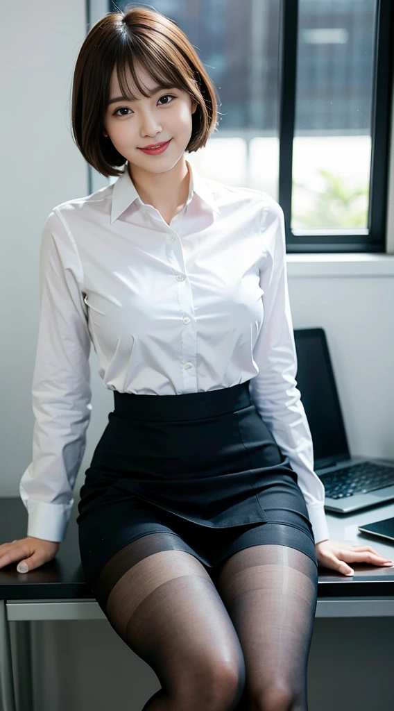 (sitting on a desk), 1 woman, solo, thick thighs, beautiful legs, office lady, realistic, raw photo, business suit, skirt, short hair, bangs, pantyhose, looking at viewer, best quality, large breast, smile, Realistic Skin Textures, full body,
