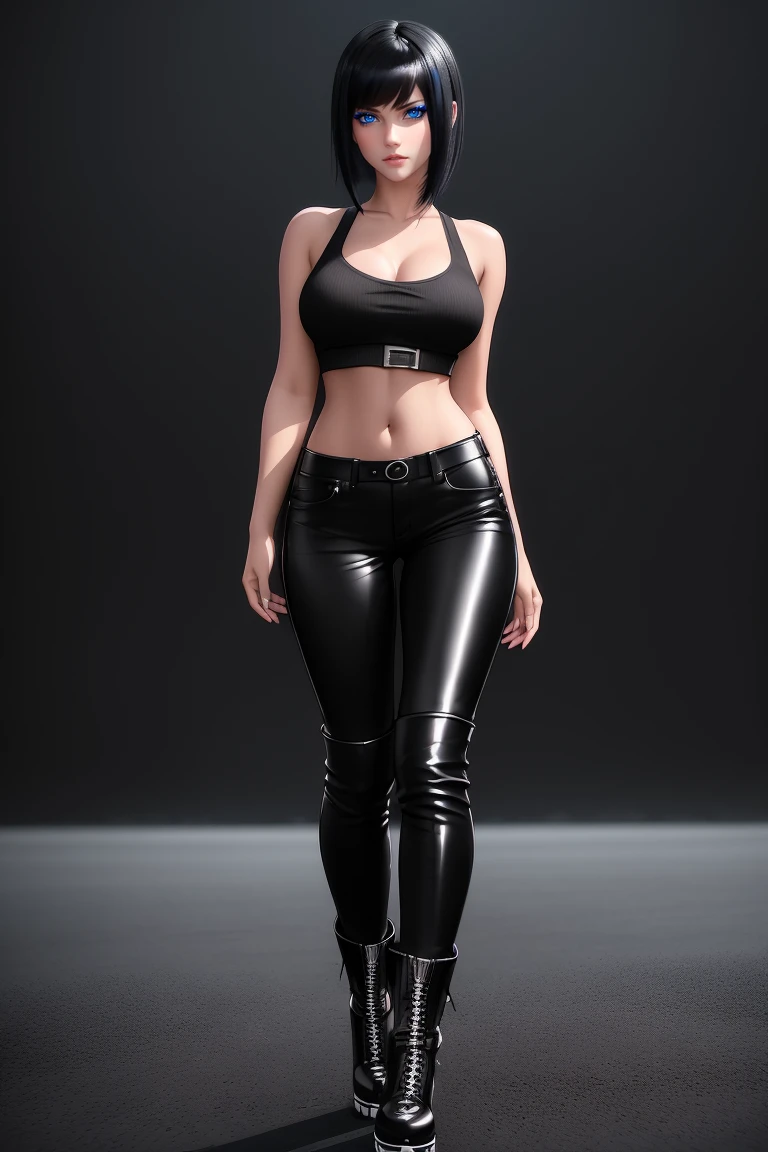 beautiful girl, ((standing:1.4)), (confident gaze:1.1), full body, short bright neon streaked black hair, ((realistic highly detailed eyes:1.4)), ((seductive pose:1.2)), black eyeshadow, (street style wear:1.2), ((tight fitted pants)), ((knee high leather boots)), (dark city night black background:1.4), dark makeup, digital art, trending on artstation, highly detailed, fine detail, intricate, detailed facial features, sharp focus, smooth, aesthetic,