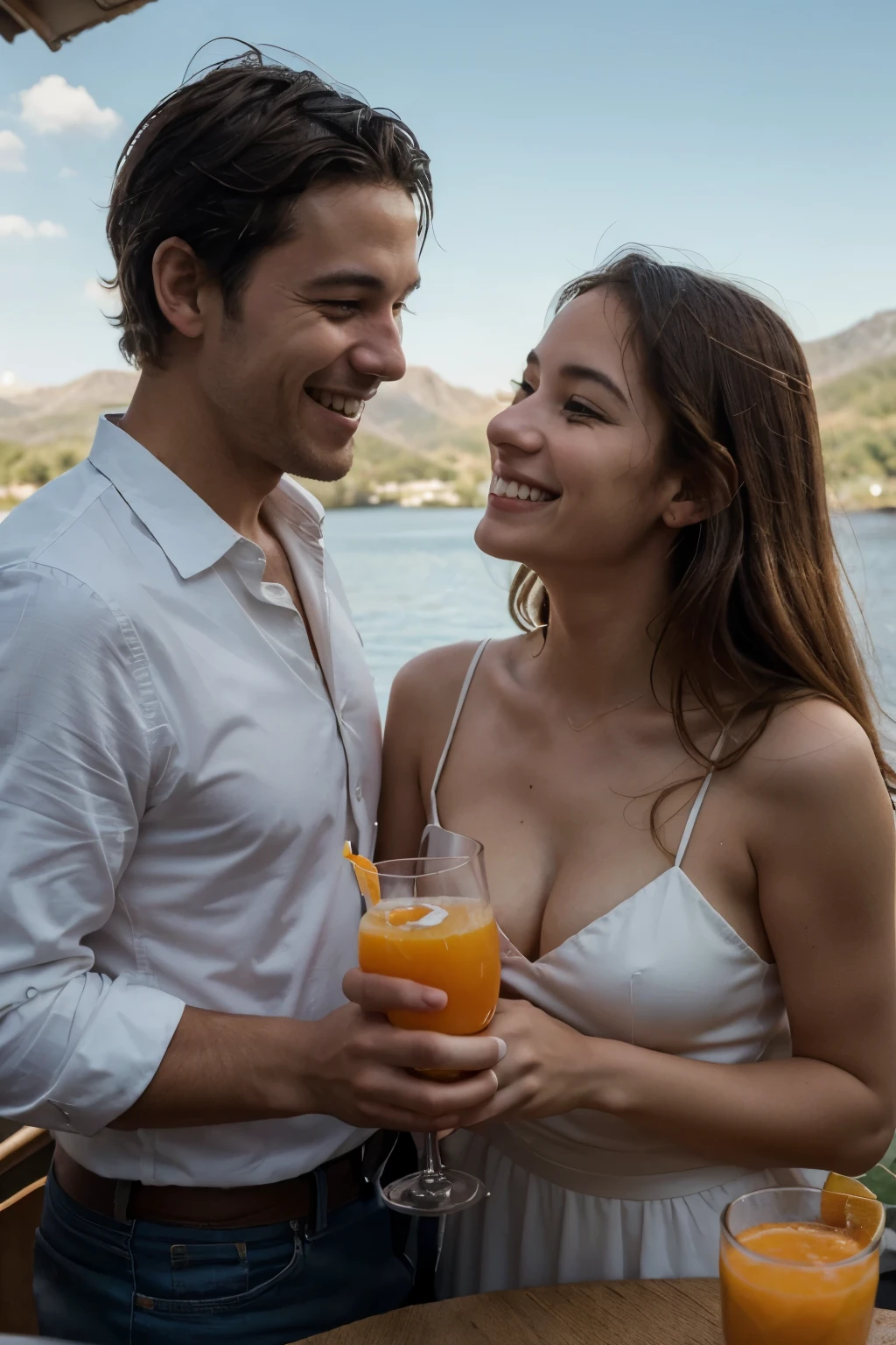 araffes couple drinking orange juice in front of a lake, smiling couple, happy couple, smiling at each other, beautiful and smiling, romantic couple, flirting smiling, lovely couple, couple portrait, smiling laughing, attractive girl, by Karl Völker, people drink cocktails, man and woman in love, attractive man, looking at each other mindlessly