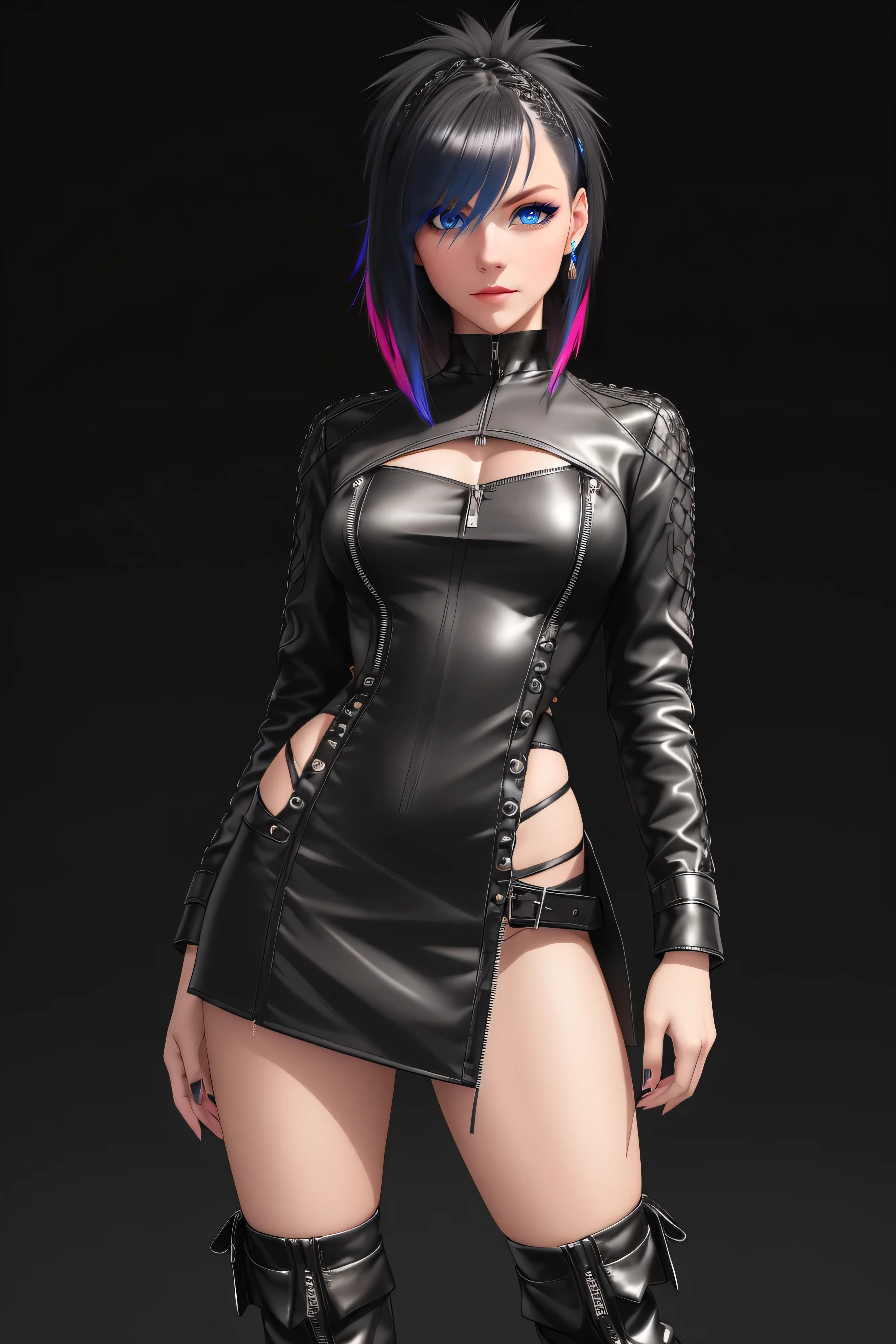 beautiful girl, ((standing:1.4)), (confident gaze:1.1), full body, short bright neon streaked black hair, ((realistic highly detailed eyes:1.4)), ((seductive pose:1.2)), black eyeshadow, (street style wear:1.2), ((short skirt)), ((knee high leather boots)),((dark plain black background:1.4)), dark makeup, digital art, trending on artstation, highly detailed, fine detail, intricate, detailed facial features, sharp focus, smooth, aesthetic,