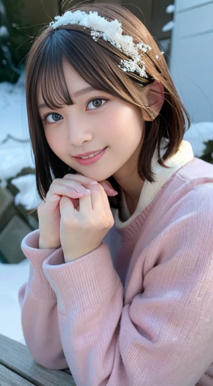 (8K、Raw photography、Top image quality、hight resolution:1.1)、(超realisitic:1.4)、(realisitic、Photorealsitic:1.3)、Soft light、girl with、short-hair、brue eyes、a blond、japanes、23years old、Lifelike face、realisiticな体つき、realisiticな肌、、snowscape、Innocent eyes、cheek、、cinematric light、film grains、Hands on hips、((hugetits:1.1))、Pink lips、a closeup、Look Viewer、The upper part of the body、 Open lips、Upper teeth、(Smiling eyes:0.6)、((Grinning:1.2))、depth of field background、It's snowing
