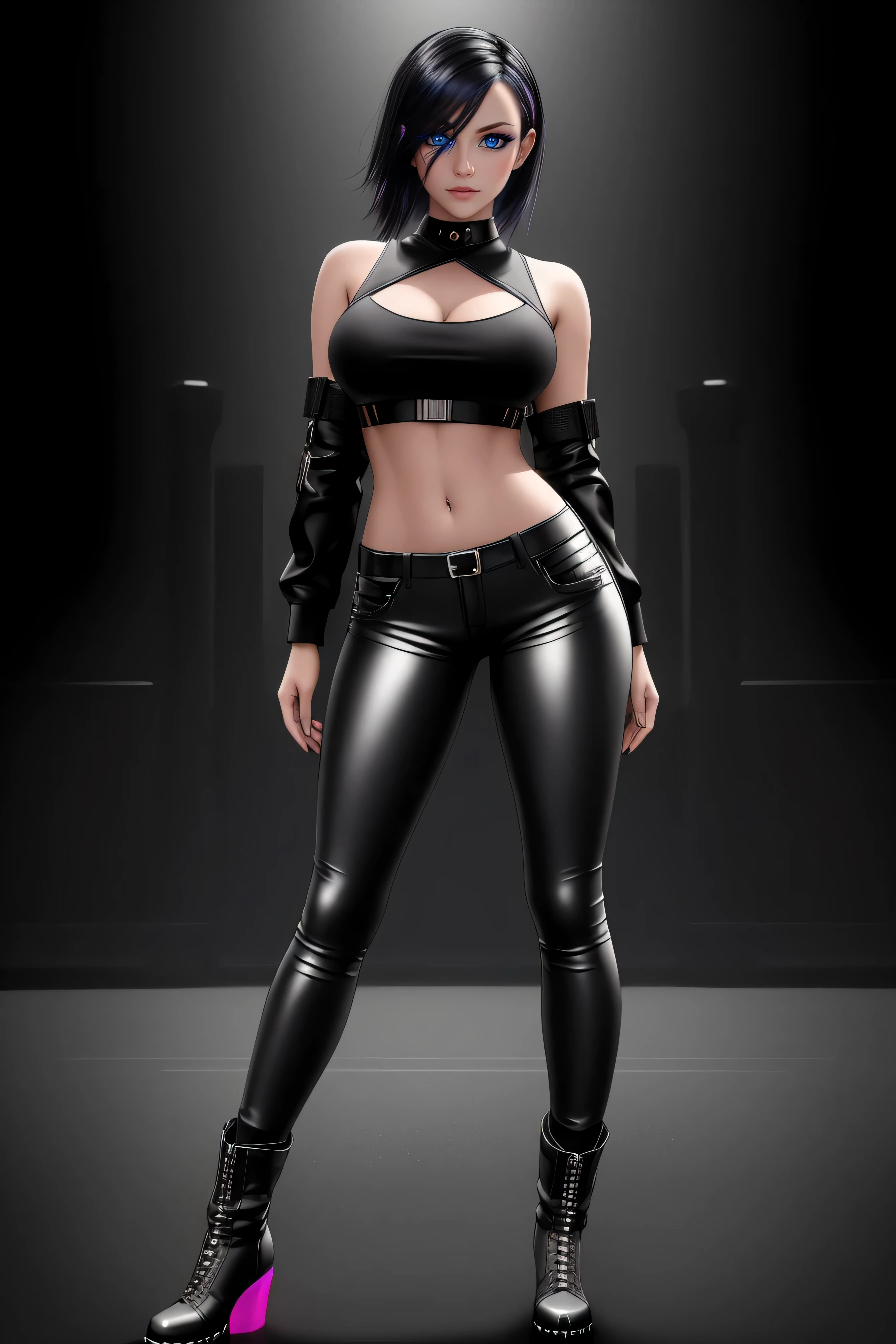 beautiful girl, ((standing:1.4)), (confident gaze:1.1), full body, short bright neon streaked black hair, ((realistic highly detailed eyes:1.4)), ((seductive pose:1.2)), black eyeshadow, (street style wear:1.2), ((tight fitted pants)), ((knee high leather boots)), (dark city night black background:1.4), dark makeup, digital art, trending on artstation, highly detailed, fine detail, intricate, detailed facial features, sharp focus, smooth, aesthetic,