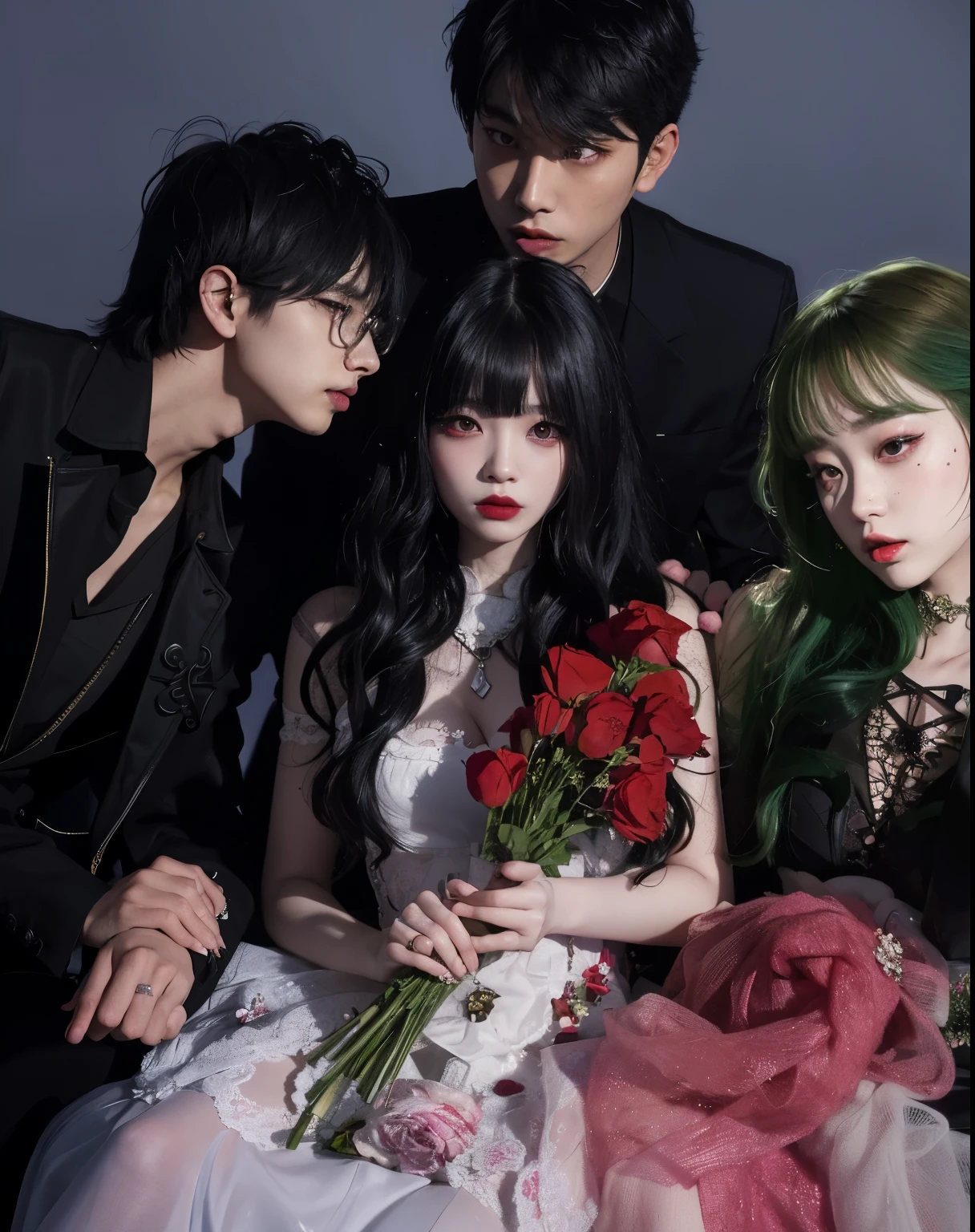 there are three people sitting next to each other with flowers, ulzzang, romantic lead, album art, goth aesthetic, gothic aesthetic, cruel korean goth girl, jinyoung shin aesthetic, gothic romance, jinyoung shin, pixivs and junji ito, dark romance, inspired by Yanjun Cheng, darkwave goth aesthetic, xianxia fantasy, gothic harts