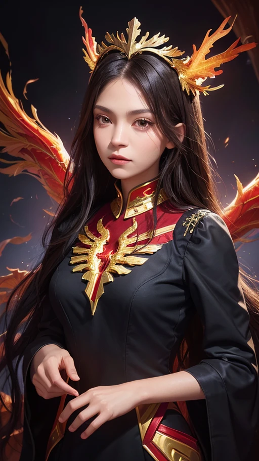 (Upper Body:1.3), One person,Hornick Keeper, Fireproof suit with golden phoenix emblem, Obsidian grille fire enclosure, Phoenix nest with glittering golden wings, Talon gloves for wielding the Phoenix, Fire Ruby to Feed the Phoenix,
