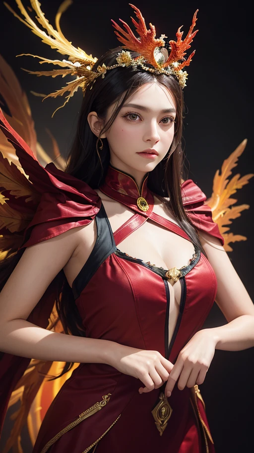 1 young empress wearing red lace top, deep-breasted nightgown, Chinese-style clothes, ancient costumes with many phoenix patterns, flawless white and pink face, crown on her head, black hair hip length, very beautiful and sharp brown eyes, small red lips, painted lips, charming smile, jewelry worn around the neck, earrings, white and even teeth, high nose, big round breasts, elongated legs, thin mesh black socks, portrait, most realistic, highest quality, best pixels, 8k ultra,
