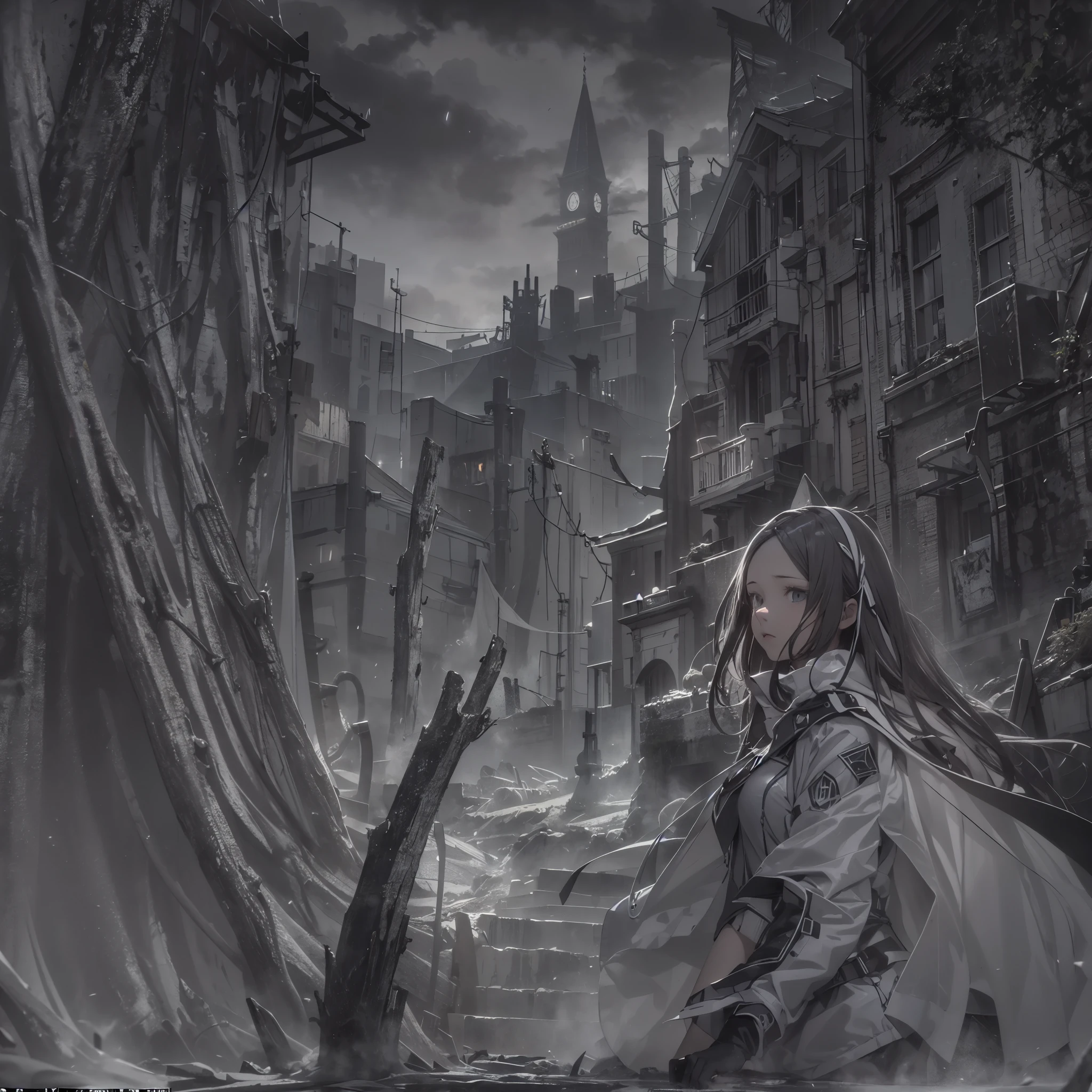 Base Layer: A chiaroscuro landscape where light and darkness battle, reminiscent of German Expressionist scenes, BREAK Middle Layer: A girl characterized by light, her features and attire radiating purity, stands opposite another girl enshrouded in shadows, BREAK Foreground Layer: Objects that symbolize conflict and duality, such as contrasting motifs and symbols, are scattered around them, BREAK Effect Layer: The play of light on one girl's face and the engulfing shadows on the other highlight their inner struggle, BREAK Final Touches: The scene is imbued with an atmospheric tension, with each element contributing to the narrative of light versus dark.