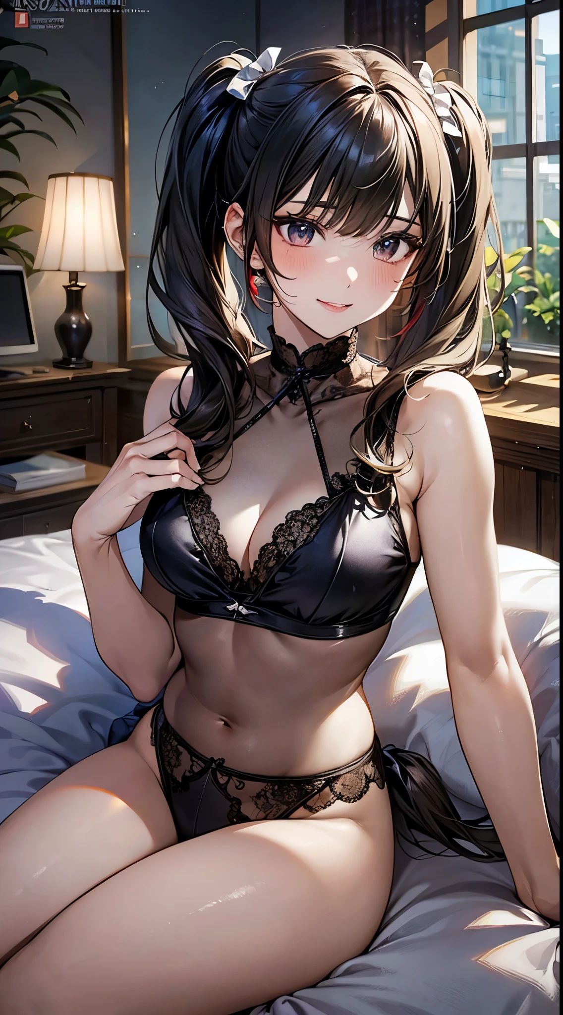 ((perfect anatomy, anatomically correct, super detailed skin)), 1 girl, japanese, , (detailed ultra-oily shiny skin:1.1), watching the view, adorable smiling, 
beautiful hair, beautiful face, beautiful detailed eyes, (middle hair:1.3, twintails:1.5), blunt bangs, babyface, 
beautiful clavicle, beautiful body, beautiful breasts, (large breasts:0.8), beautiful thigh, beautiful legs, bare legs, 
((pajamas)), 
(beautiful scenery), living room, table, sitting cushion, 
(8k, top-quality, masterpiece​:1.2, extremely detailed), (photorealistic), beautiful art, visual art, depth of fields, cinematic lighting, ,