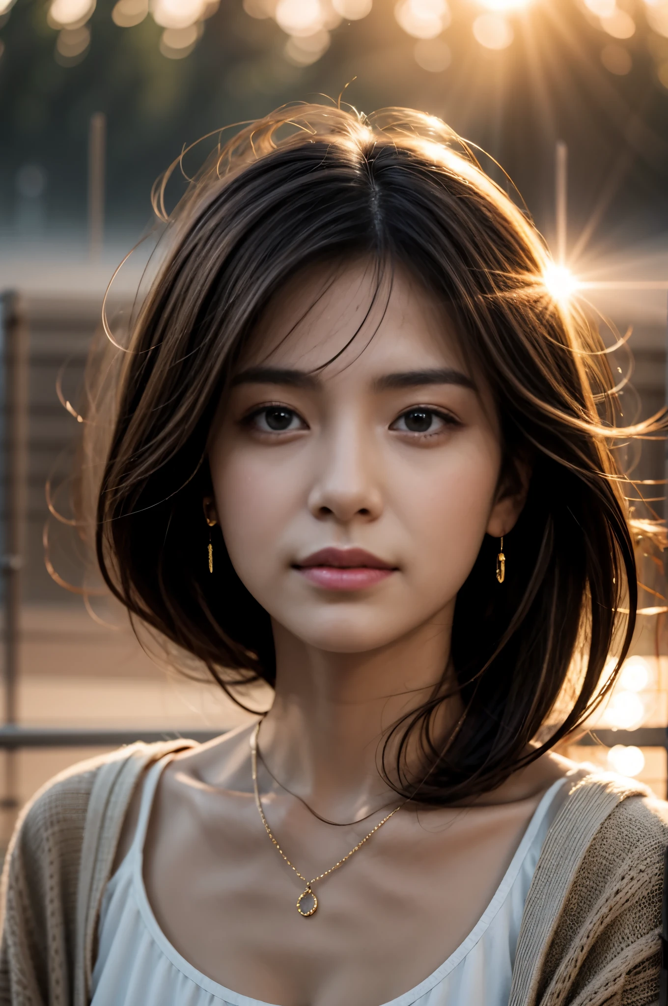 (Photoreal Stick:1.5, masutepiece:1.5, 8K), (top-quality, masterpiece, 超A high resolution), ((fog the lens:1.5)), ((reflect light onto the lens:1.5)), ((Shoot with blur:1.5)), (The woman looks hazy because of the bright light.:1.5, The whole thing looks white and hazy:1.5), (sunrises, Sunlight coming in from behind:1.5, The sunlight of the morning sun spreads across the screen:1.5), Face Sharp Focus:1.3, Professional camera work:1.3, Highly detailed skin and facial texture:1.3, Grow Light Effect, The ultra-detailliert:1.3, 1girl in, Fair skin, (Sense of clarity:1.5), a small face, Extremely beautiful face:1.5, (Sense of clarityを感じる目:0.9, looking distantly, Enraptured look:1.0, i love you completely:0.8, Slightly open mouth:0.4, Sense of clarityを感じる口当たり:0.7), 二重まぶた, Dark brown medium hair, necklace and earrings, looking at viewert
