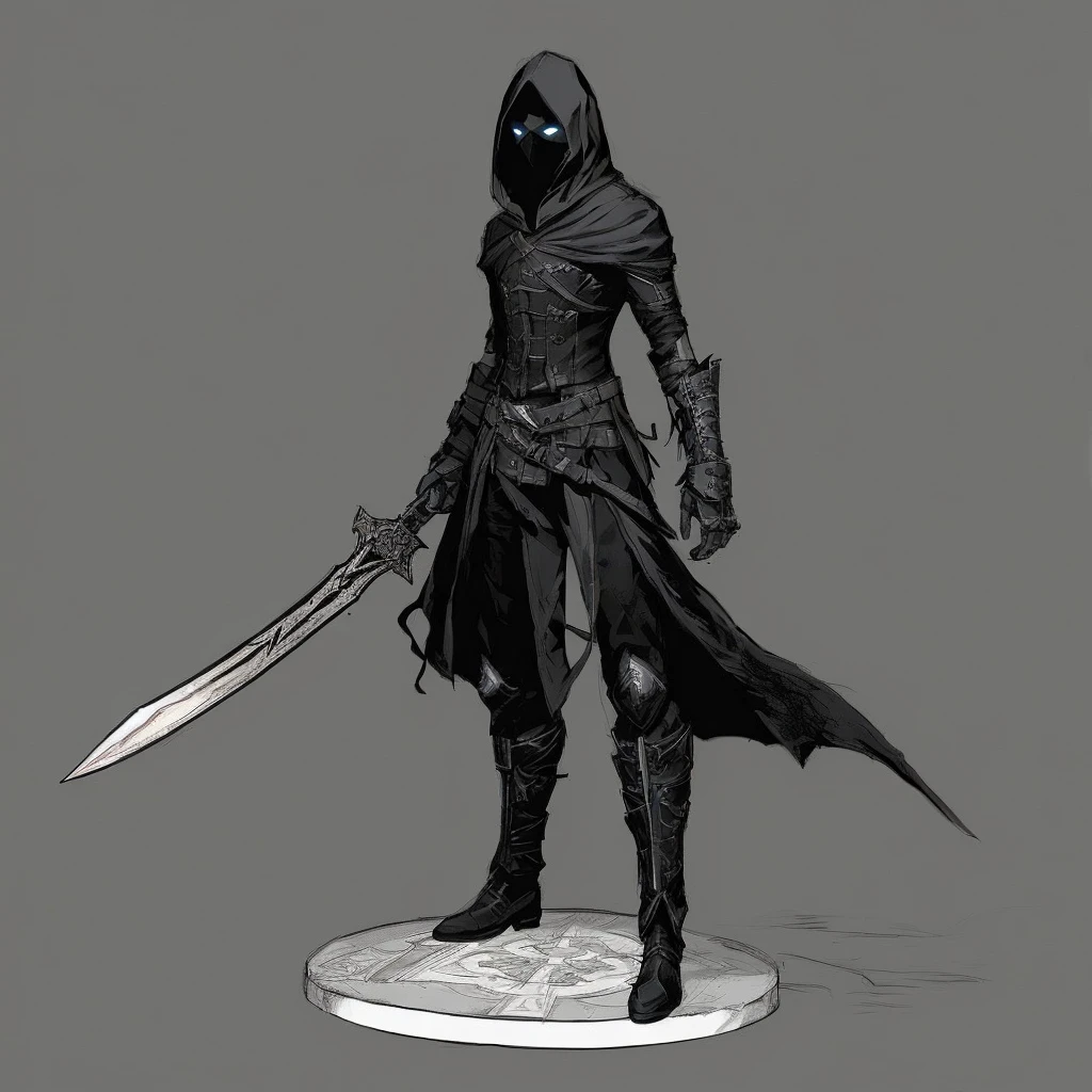 One wearing a hooded jacket、Drawing of man holding sword, black hooded ghost, Female Assassin, Dark fantasy character design, Black Cloak Necromancer, rpg concept art character, dark fantasy concept art, dark high-contrast concept art, dark concept art, RPG character concept art, d&d dark sun character art, ominous assassin, Dark Souls concept