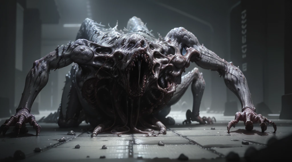 horror humanoid creature crawling on the floor, horror sci Fi, hyper realstic, cinematic, dark ambient, minimal background, ominous atmosphere, ultra detailed, photorealistic, masterpiece, trending on Artstation.