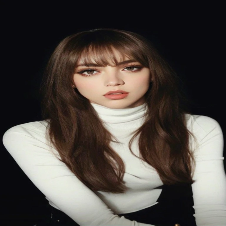 uma mulher com cabelos longos e uma blusa branca com gola alta, Lalisa Manobal, Lalisa Manoban do Blackpink, jennie blackpink, com franja, jossi do blackpink, portrait of jossi do blackpink, franja central separada, Parque Roseanne do Blackpink, com franja completa, Dom Yunjoo, neat hair com franja, brown hair com franja