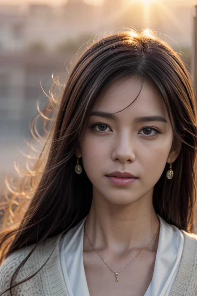 (Photoreal Stick:1.5, masutepiece:1.5, 8K), (top-quality, masterpiece, 超A high resolution), ((fog the lens:1.5)), ((reflect light onto the lens:1.5)), ((Shoot with blur:1.5)), (The woman looks hazy because of the bright light.:1.5, The whole thing looks white and hazy:1.5), (sunrises, Sunlight coming in from behind:1.5, The sunlight of the morning sun spreads across the screen:1.5), Face Sharp Focus:1.3, Professional camera work:1.3, Highly detailed skin and facial texture:1.3, Grow Light Effect, The ultra-detailliert:1.3, 1girl in, Fair skin, (Sense of clarity:1.4, a small face), Extremely beautiful face:1.5, (Sense of clarityを感じる目:0.9, looking distantly), Enraptured look:1.0, i love you completely:0.8, (Slightly open mouth:0.4, Sense of clarityを感じる口当たり:0.7), 二重まぶた, Dark brown medium hair, necklace and earrings, looking at viewert