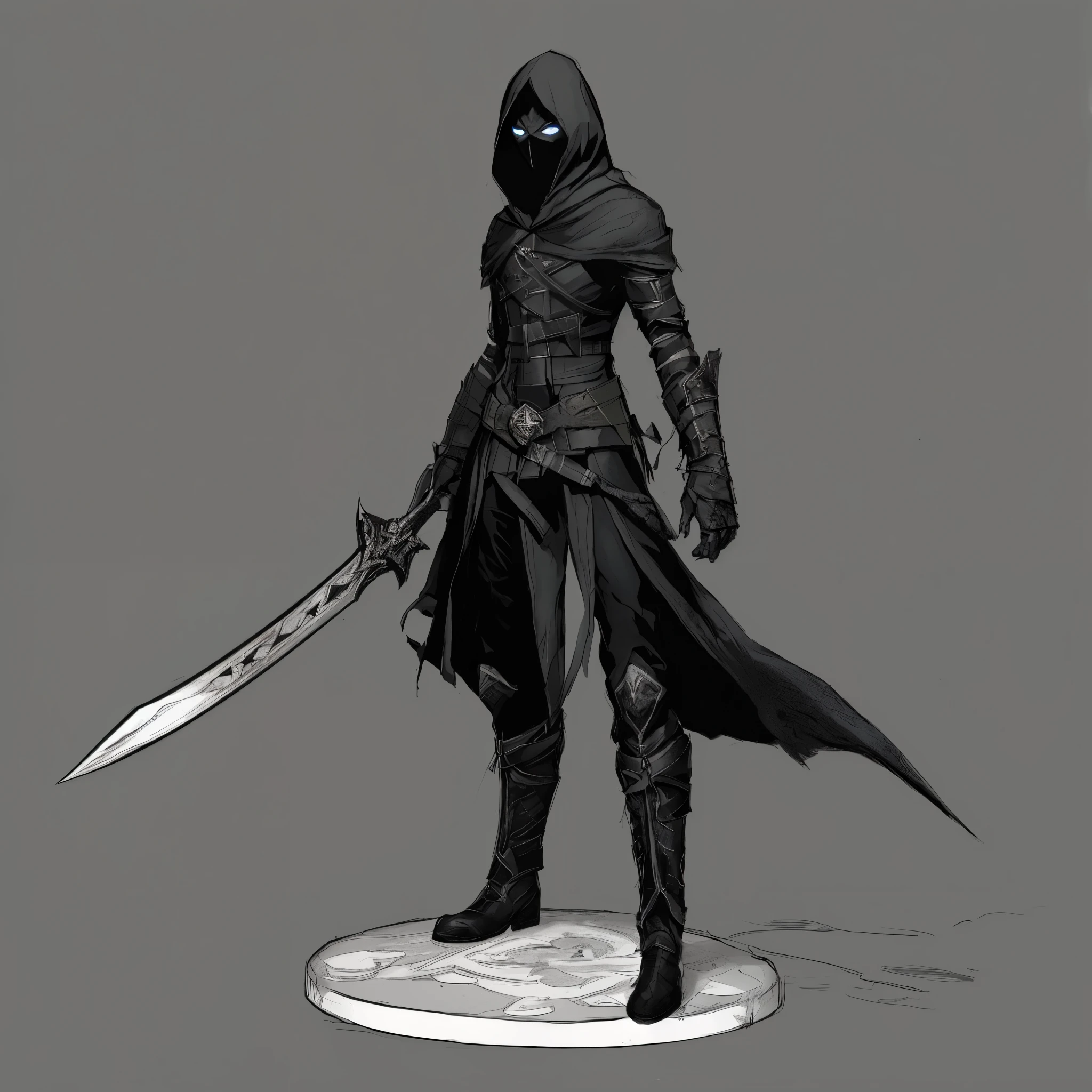 One wearing a hooded jacket、Drawing of man holding sword, black hooded ghost, Female Assassin, Dark fantasy character design, Black Cloak Necromancer, rpg concept art character, dark fantasy concept art, dark high-contrast concept art, dark concept art, RPG character concept art, d&d dark sun character art, ominous assassin, Dark Souls concept