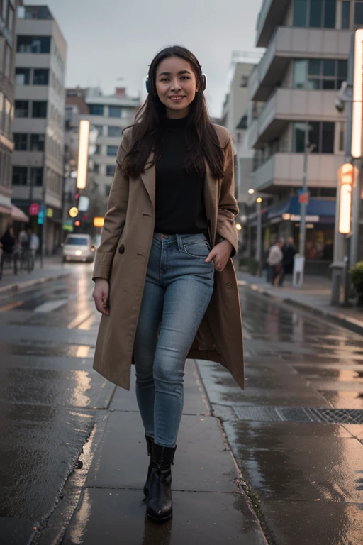 ((best quality)), ((masterpiece)), (detailed), perfect face, girl long hair, wear long coat, headphone, real skin, proposional body, detail anatomy, wear skinny jeans, wear boots, realistic, standing in middle way, blur background, model, photography, 20 y o, listening music, rainy day, detail face, detail eyes, perfect nose, smile on camera, light city background, indonesian, wind blow hair,