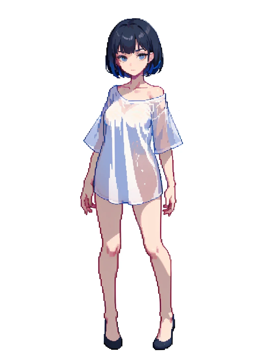 (masterpiece, top quality, best quality, less detail, 8-bit color), pixel,pixel art,1girl, fullbody, smack studio, separate body for edit, shirt, white shirt, collarbone, short sleeves, t-shirt, off shoulder, oversized shirt, naked shirt, oversized clothes, see-through silhouette, see-through shirt