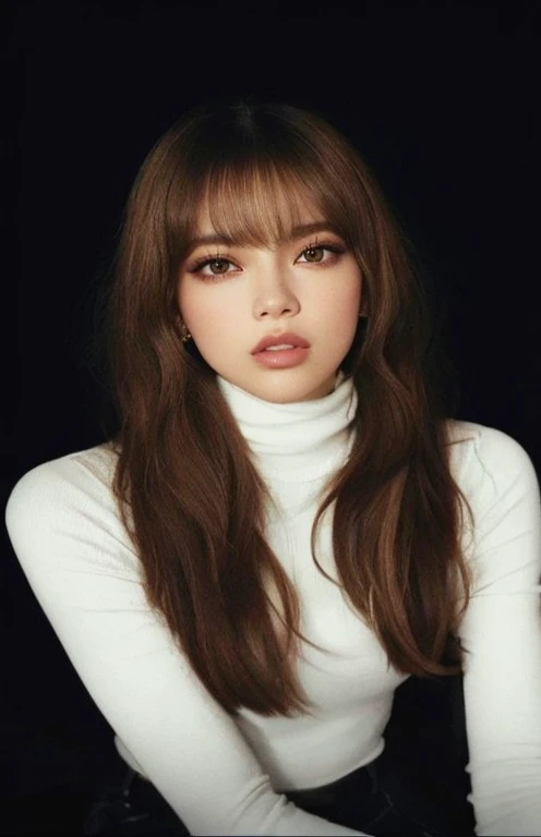 uma mulher com cabelos longos e uma blusa branca com gola alta, Lalisa Manobal, Lalisa Manoban do Blackpink, jennie blackpink, com franja, jossi do blackpink, portrait of jossi do blackpink, franja central separada, Parque Roseanne do Blackpink, com franja completa, Dom Yunjoo, neat hair com franja, brown hair com franja