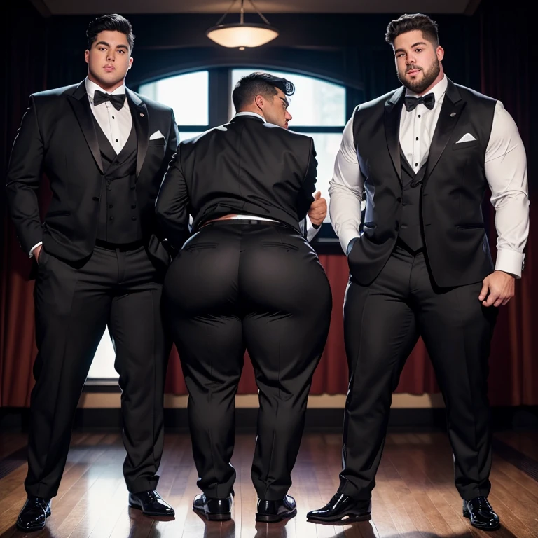 Two college frat boys in tuxedos, huge ass, comically massive ass, tight tuxedo pants, large boy booty, bubble butt, man bubble butt, thick, thicc, thick thighs, thick ass, athletic, fit, round ass, full ass, wide ass, tuxedo, big bulge, large crotch bulge